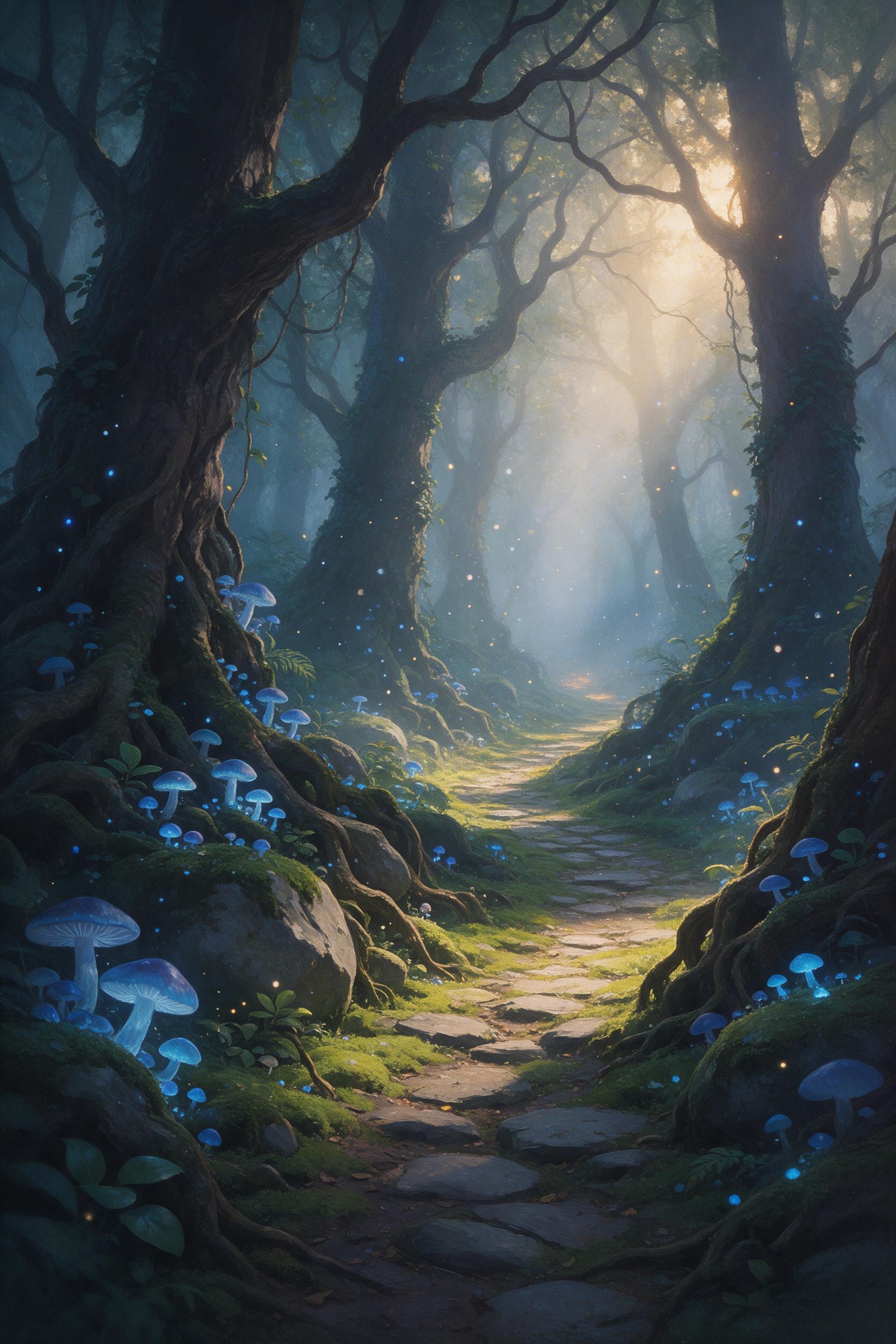 A misty enchanted forest at dawn, bioluminescent blue mushrooms clustering along a winding mossy path, towering ancient trees with gnarled roots, soft golden light filtering through canopy, ethereal particles drifting, dreamlike atmosphere, composition leading eye deeper into woods, painted in a sof