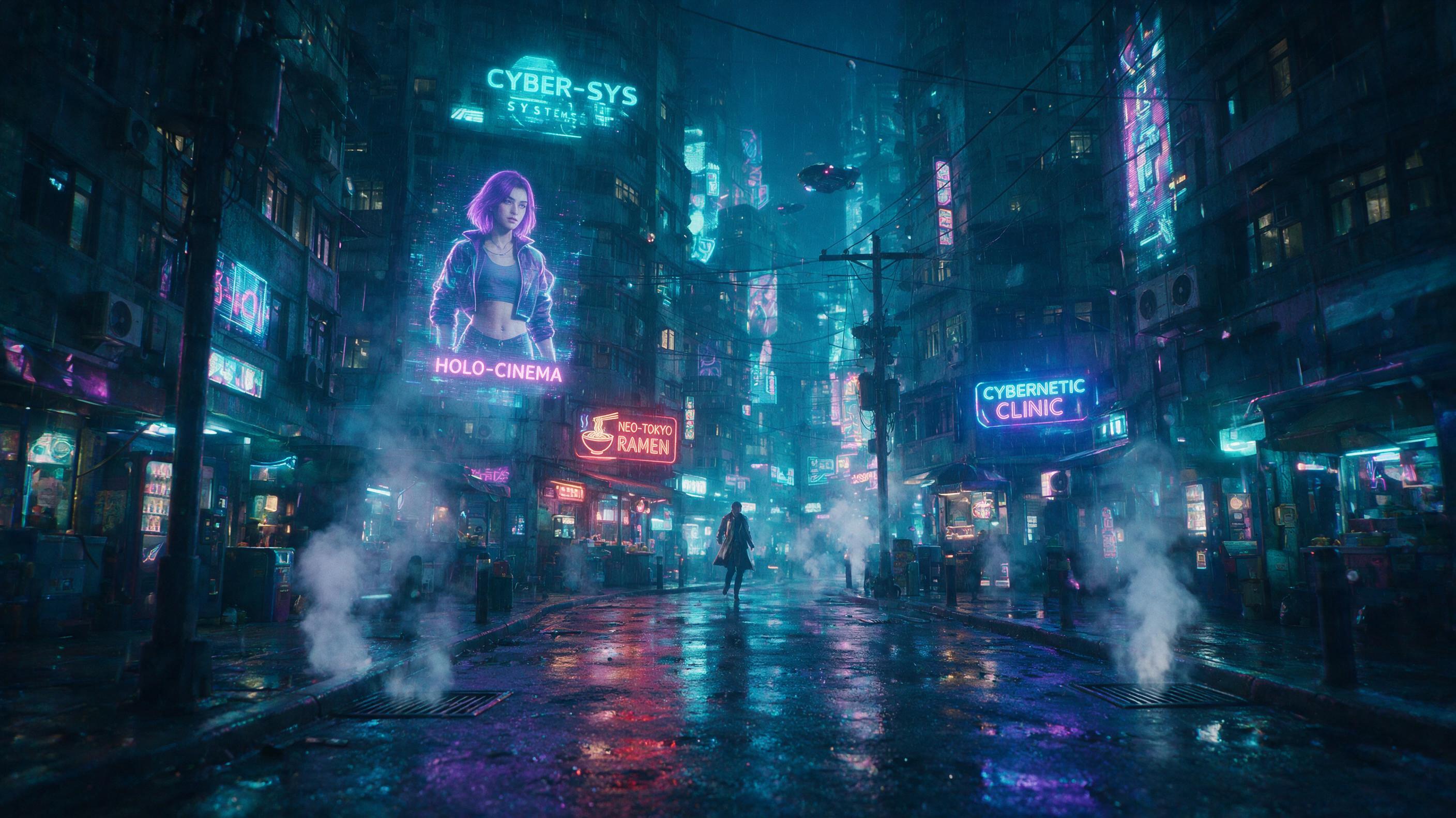 A neon-lit cyberpunk street at night, rain-slicked asphalt reflecting holographic advertisements, a lone figure in a sleek trench coat walking under flickering signs, soft mist rising from vents, moody cyan and magenta lighting, shallow depth of field.