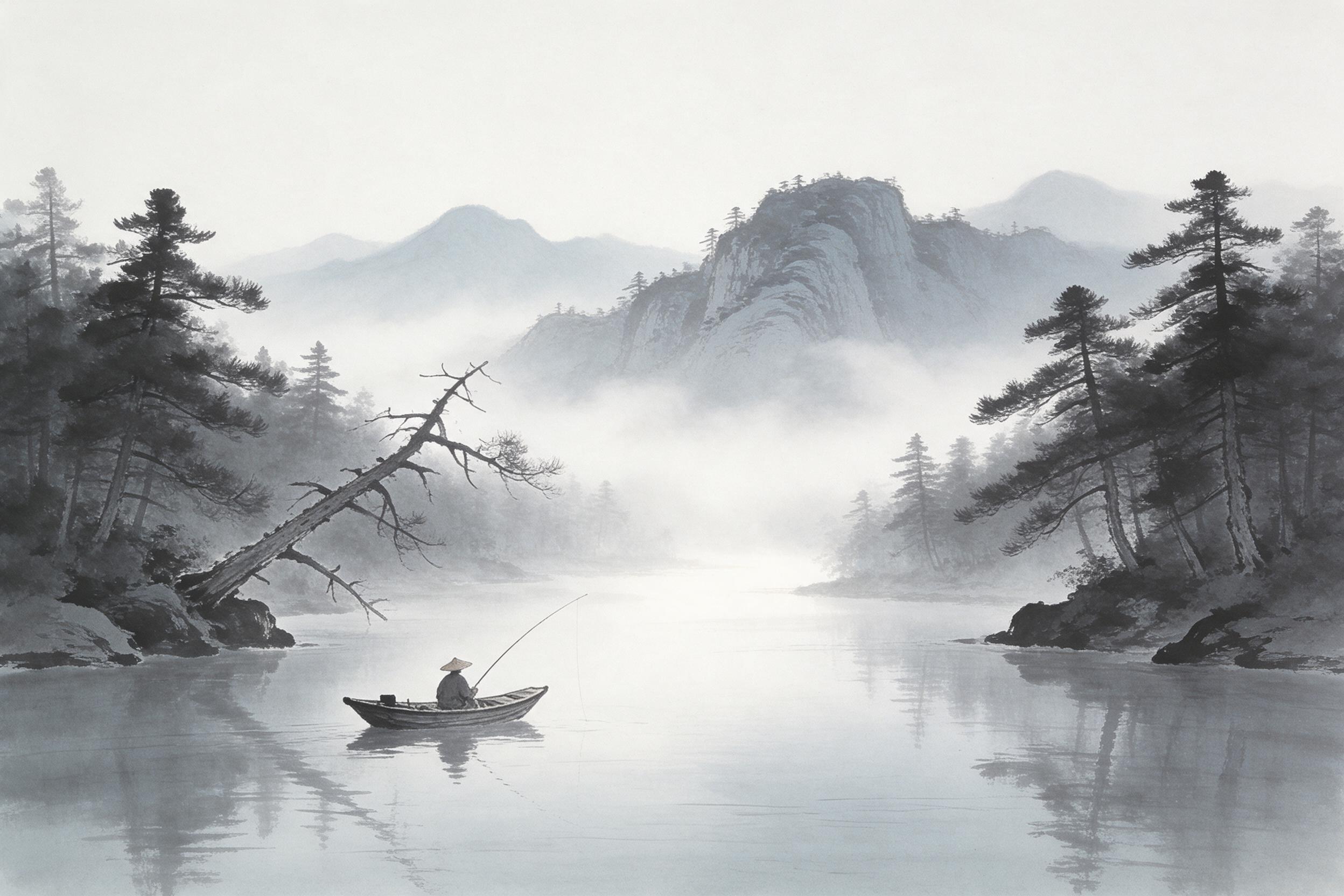 A solitary fisherman in a narrow wooden boat on a misty river, dense pine forest on both banks, soft morning light filtering through fog, distant mountains fading into layers of gray-blue, brush strokes visible in ink wash style, negative space for the sky, calm water reflecting a few branches, gent