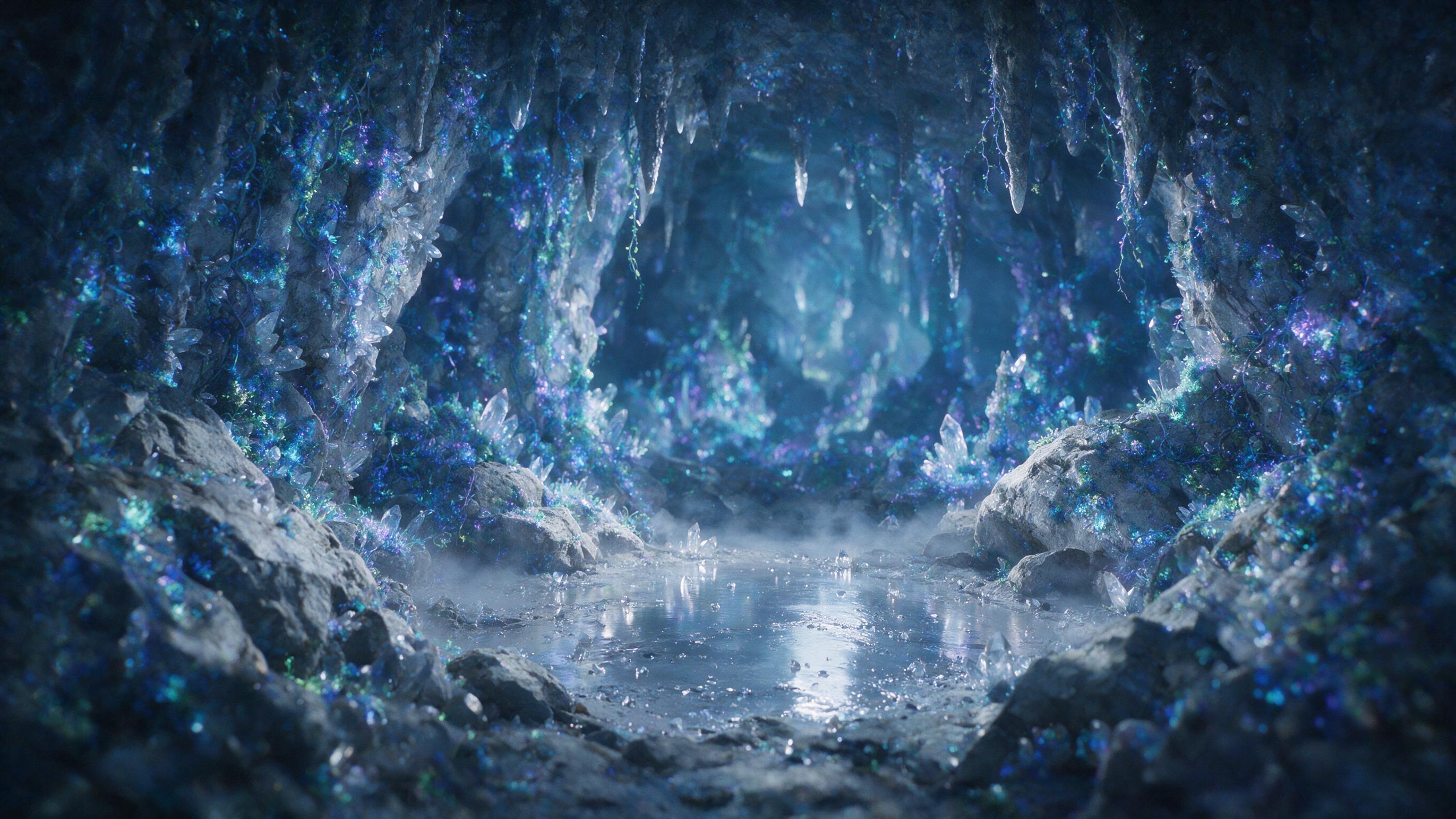A luminous crystal cave deep underground, bioluminescent moss and vines clinging to jagged walls, a small glowing pool of liquid silver reflecting stalactites, soft blue and purple light, mist rising from the water, cinematic composition with foreground rocks framing the scene, natural grain, slight