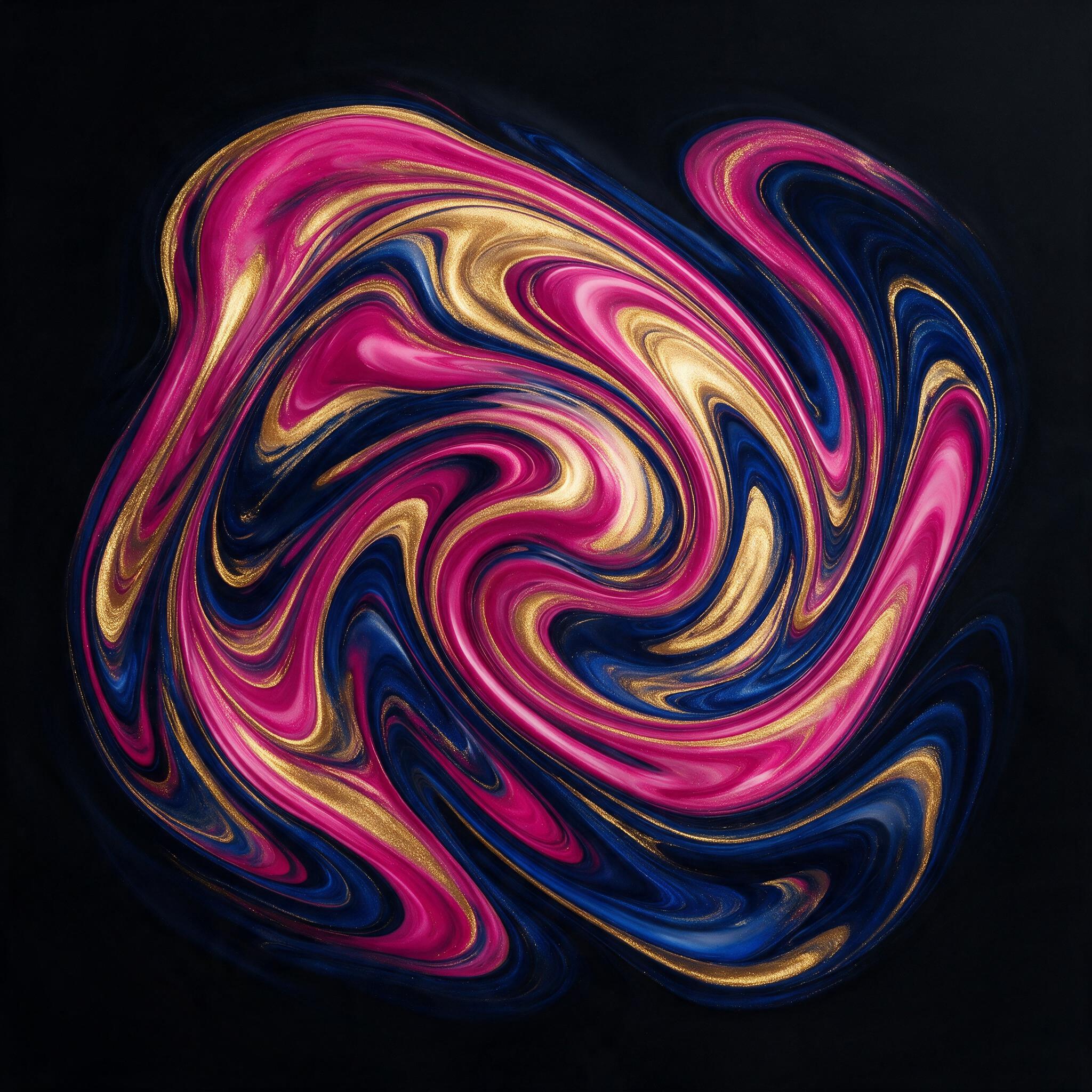 Vibrant fluid art swirls of magenta, gold, and deep blue, flowing like liquid marble, soft gradient lighting, minimal composition, isolated on black background, glossy texture, smooth curves, no sharp edges