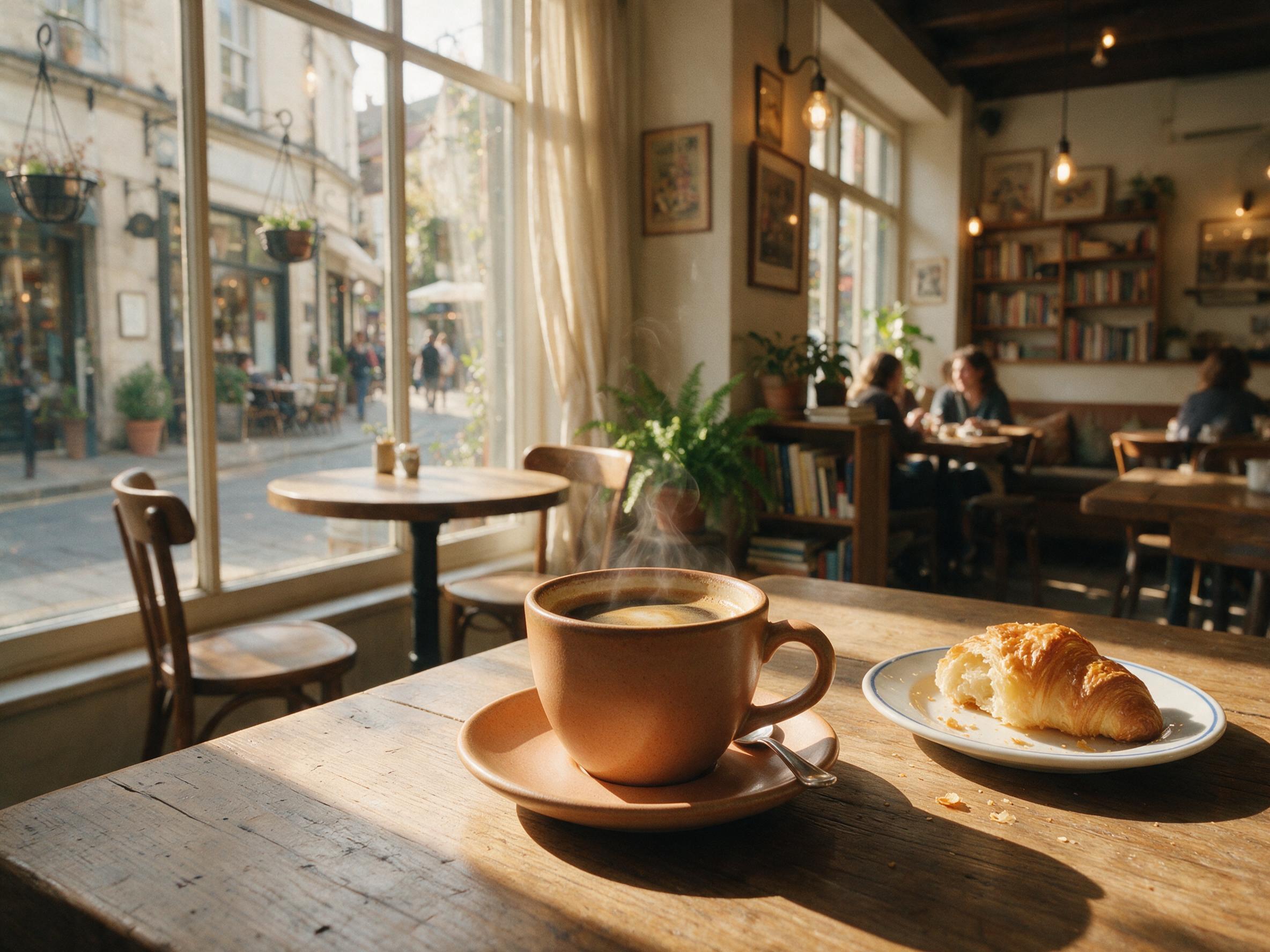 A cozy sunlit cafe interior with a steaming cup of coffee on a wooden table, soft morning light streaming through a large window, casting gentle shadows, a half-eaten croissant on a small plate, warm neutral tones, slight film grain, shallow depth of field focusing on the coffee cup