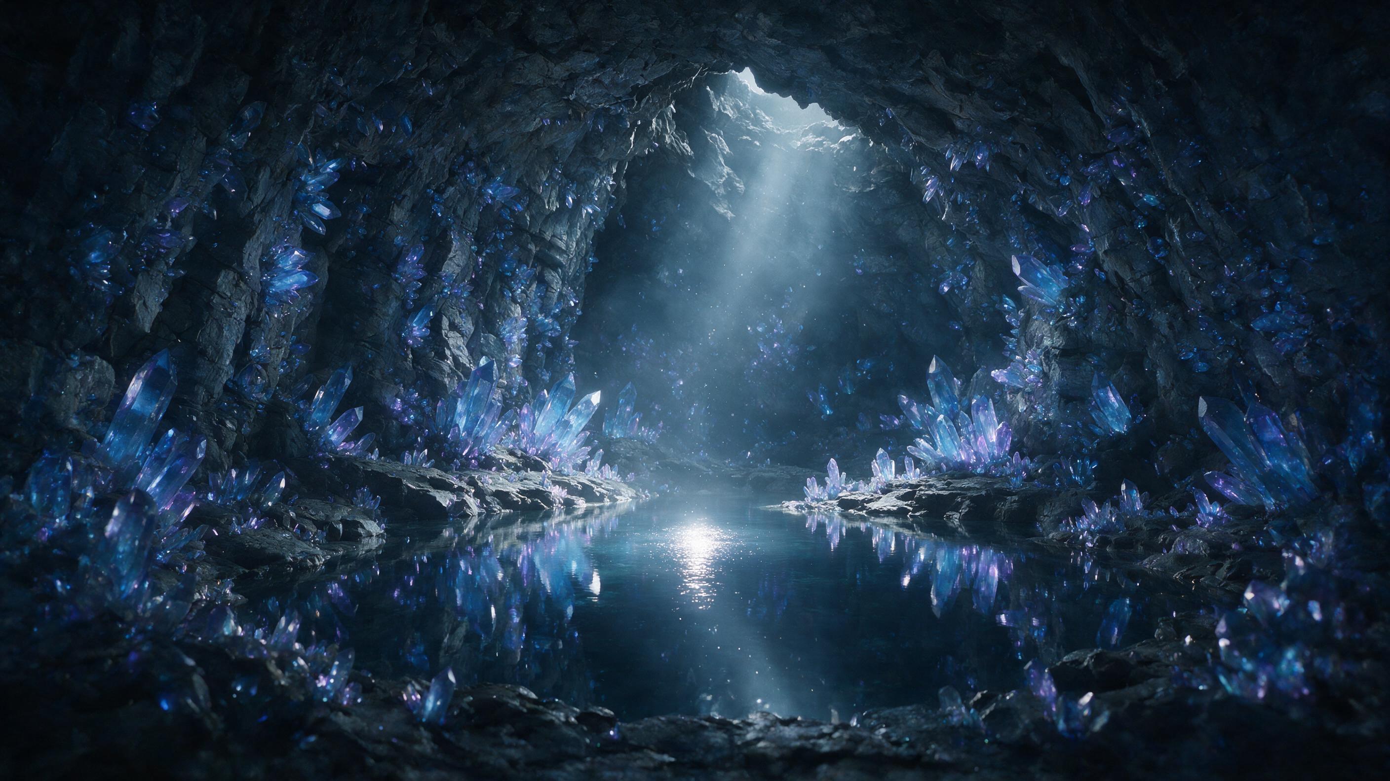A luminous crystal cave deep underground, with glowing blue and purple crystals jutting from the walls, reflecting in a still pool of water. A single beam of moonlight filters through a crack in the ceiling, illuminating the misty air. Ethereal, dreamlike atmosphere with soft shadows and subtle colo