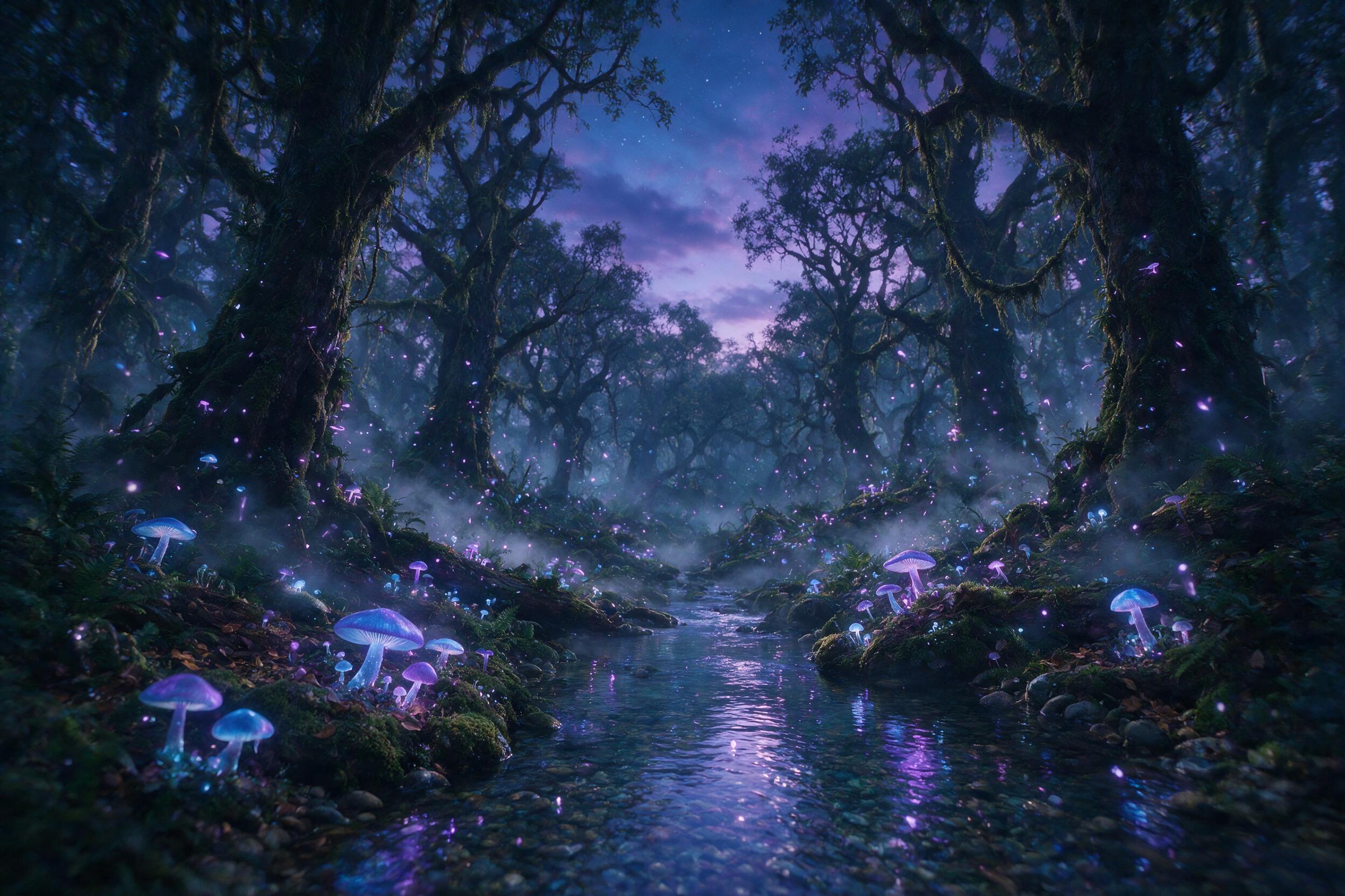 A luminous bioluminescent forest at twilight, glowing mushrooms and floating firefly-like spores, a serene crystal-clear stream winding through, ancient moss-covered trees, soft mist rising from the ground, gentle purple and blue light, shallow depth of field, slight camera shake, natural lighting, 