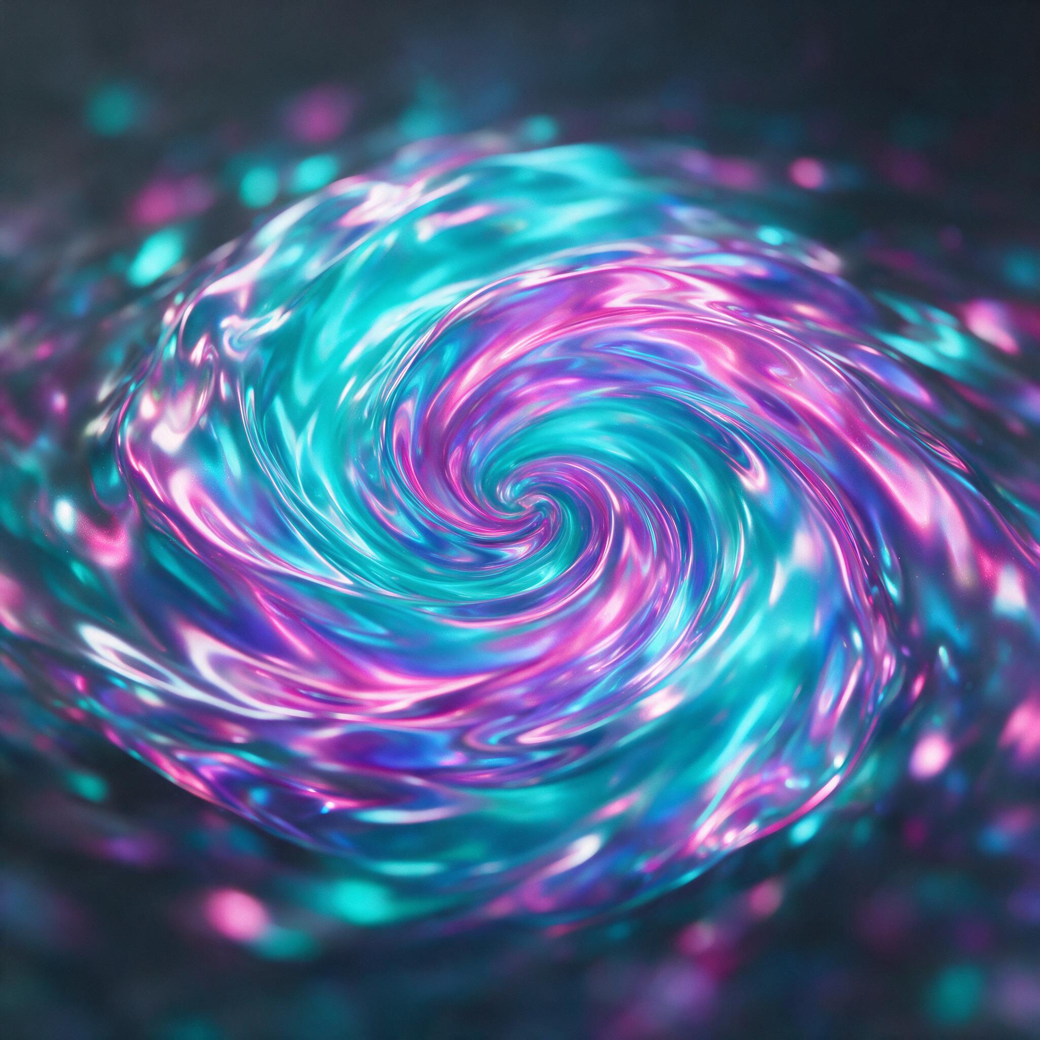 A swirling vortex of neon colors, cyan and magenta, blending into fluid shapes. Glossy, reflective surface with subtle ripples, captured in soft, diffused studio lighting. Minimalist composition, centered, with a shallow depth of field.