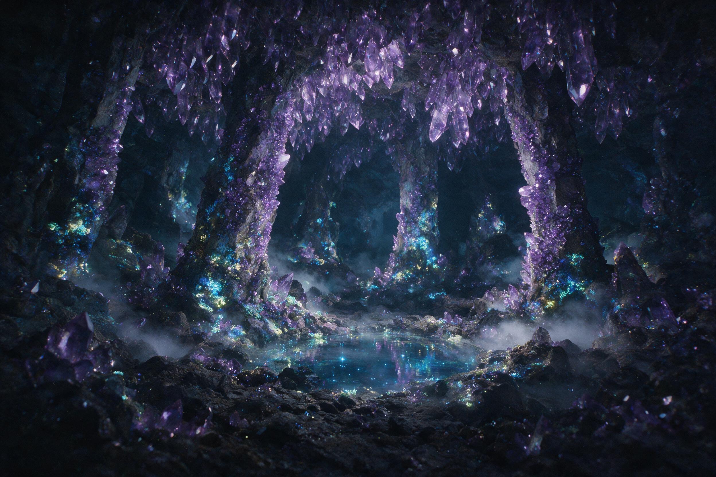 A glowing crystal cave deep underground, bioluminescent moss clinging to jagged amethyst pillars, soft blue light casting long shadows, a small pool of clear water reflecting the cavern ceiling, mist swirling gently, slight grain for texture.