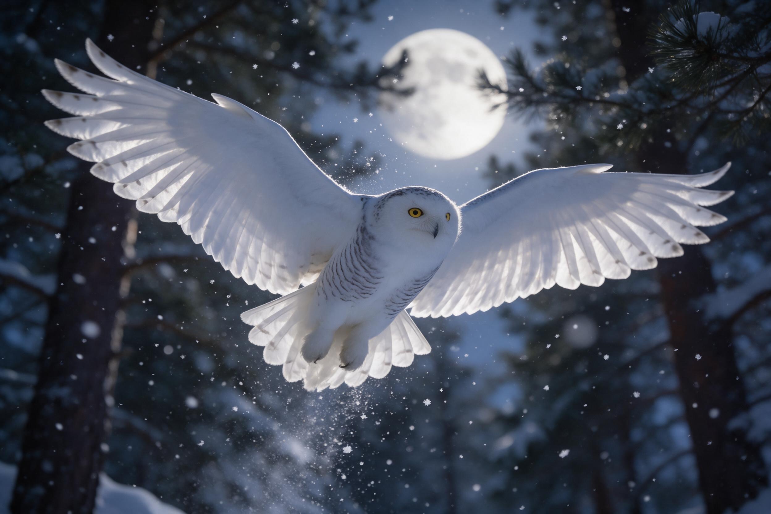 A snowy owl in mid-flight over a moonlit pine forest, wings fully spread, feathers detailed with soft silver light, snowflakes swirling around, background softly blurred, low-angle shot, natural winter atmosphere