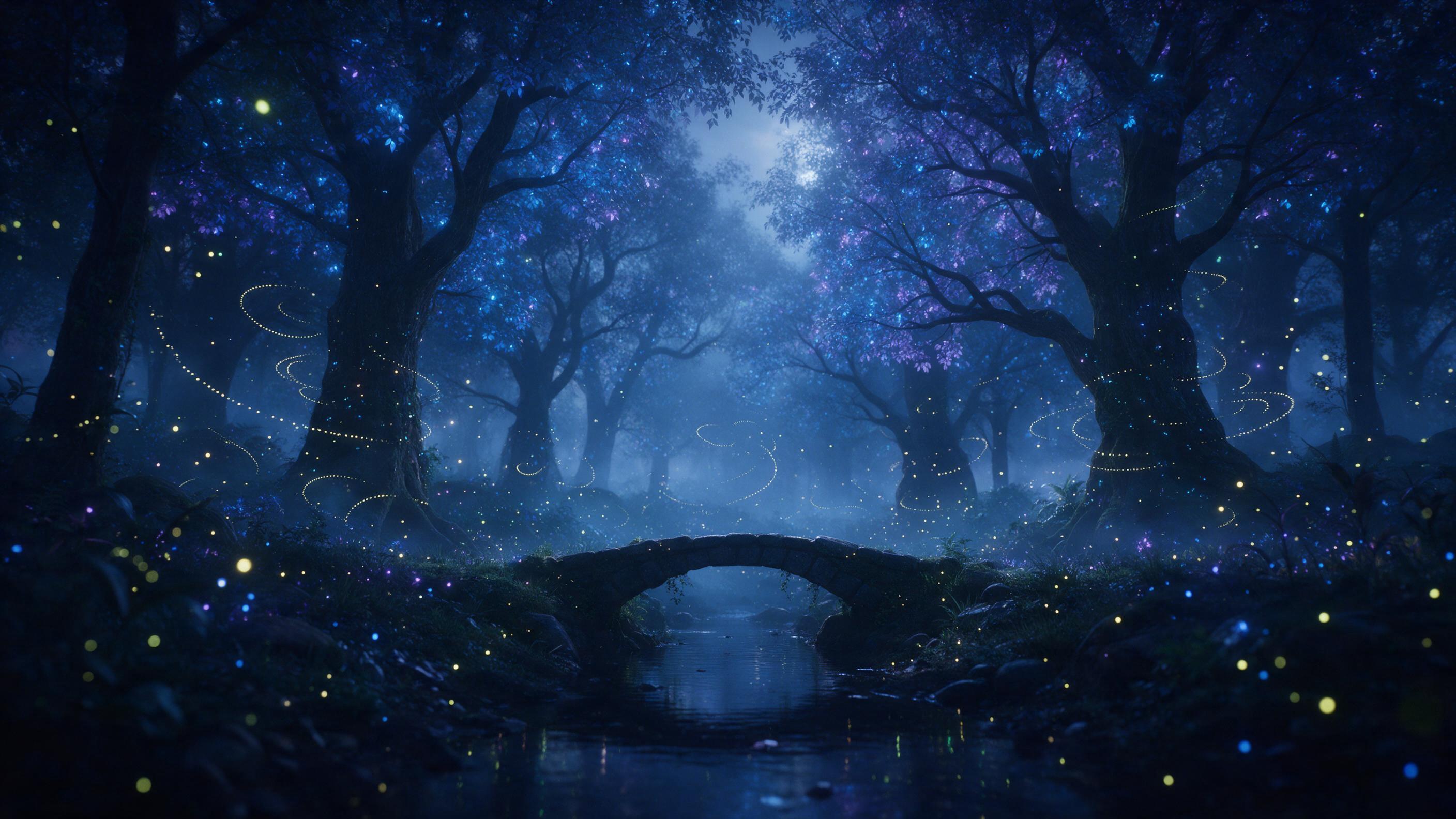 A misty bioluminescent forest at twilight, ancient trees with glowing blue and violet leaves, fireflies swirling in spiral patterns, a small stone bridge over a dark reflective stream, soft fog, ethereal moonlight filtering through canopy, gentle atmospheric depth