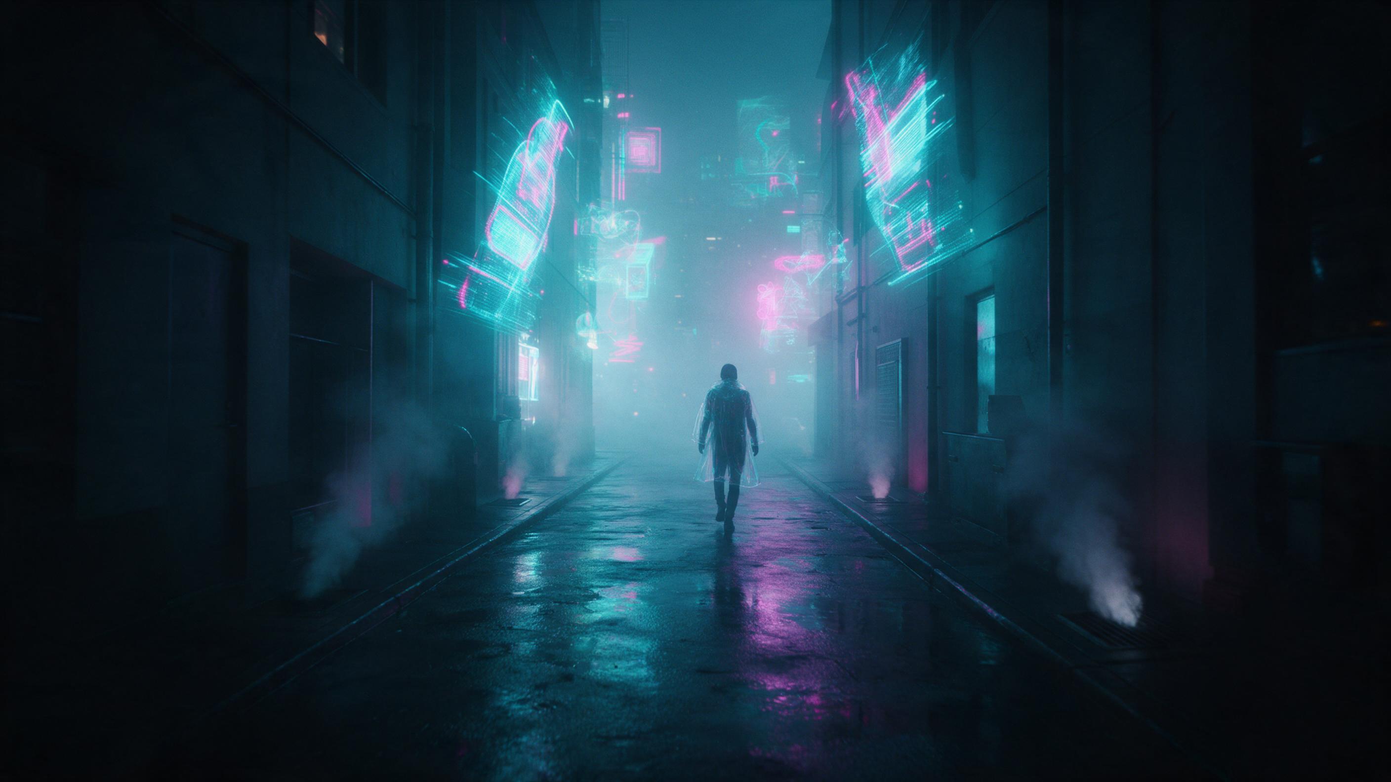 A rain-slicked neon alley in a cyberpunk city, holographic advertisements glowing in cyan and magenta, reflections on wet pavement, a lone figure in a translucent trench coat walking away, steam rising from vents, atmospheric fog, cinematic wide shot, moody lighting