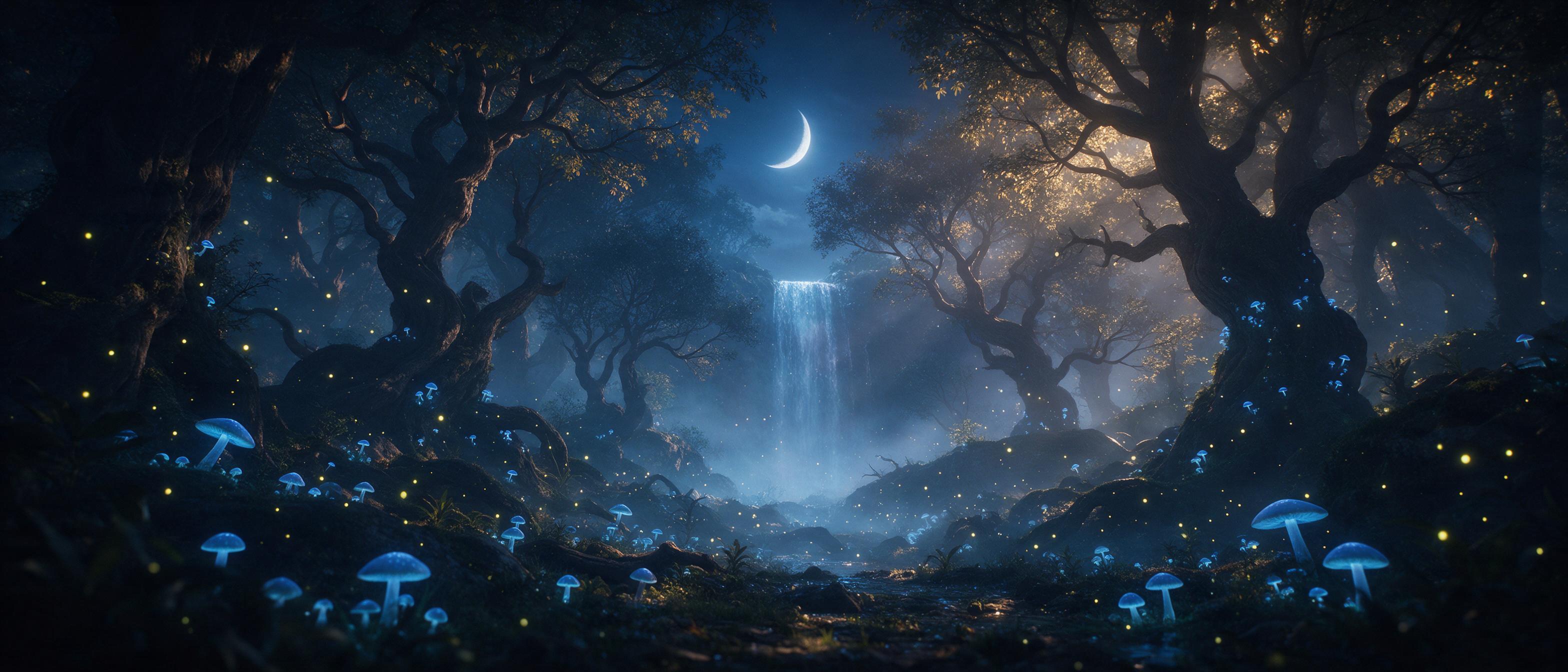 A mystical forest with glowing blue mushrooms, ancient twisted trees, and a shimmering waterfall under a crescent moon, soft ethereal mist, fireflies dancing, cinematic wide shot, deep shadows with warm golden light filtering through branches