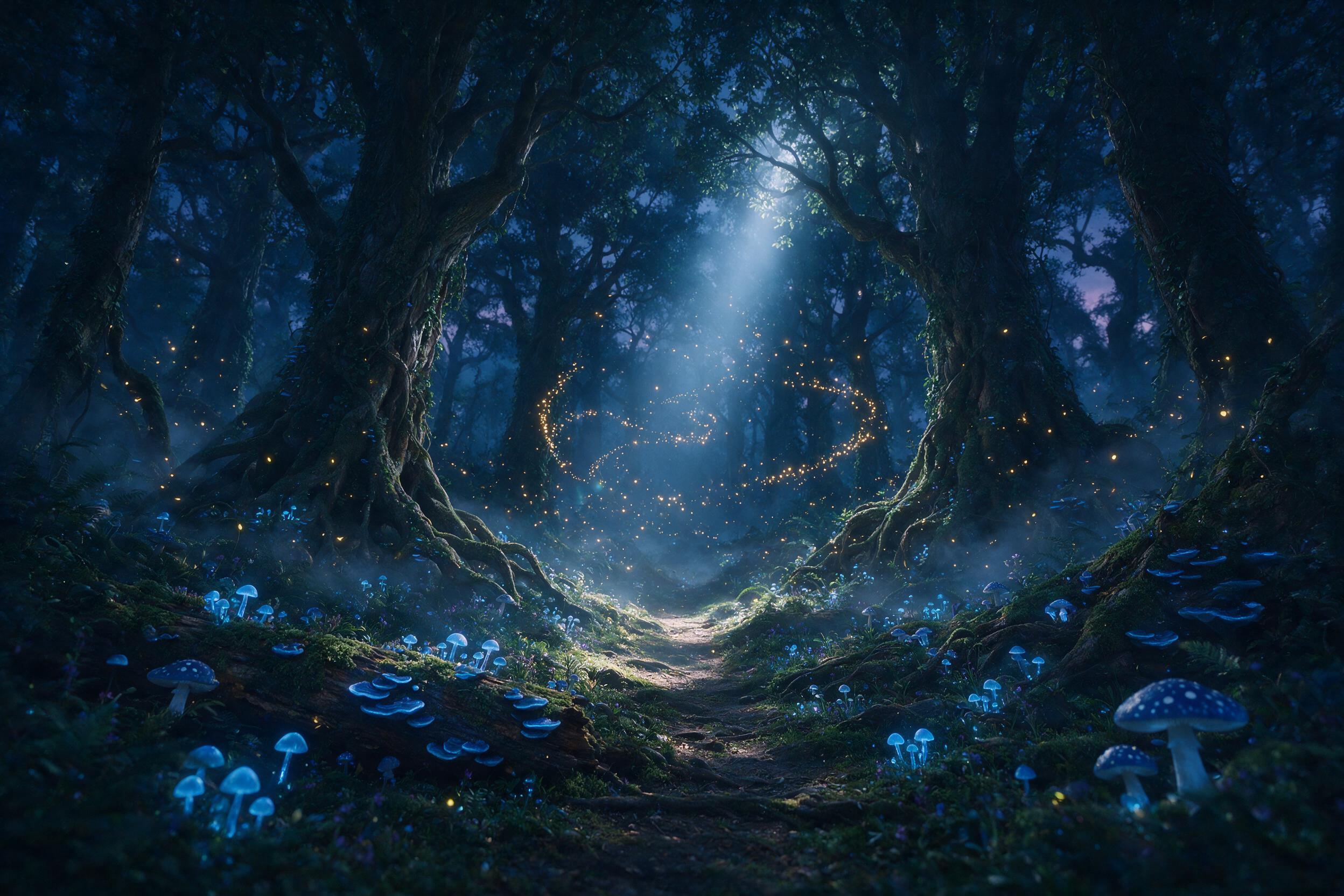 A mystical forest at twilight, glowing blue mushrooms carpeting the ground, ancient towering trees with twisting roots, soft mist weaving through the air, a single beam of moonlight piercing the canopy, fireflies dancing in golden spirals, quiet and serene, slight lens flare, shallow depth of field 