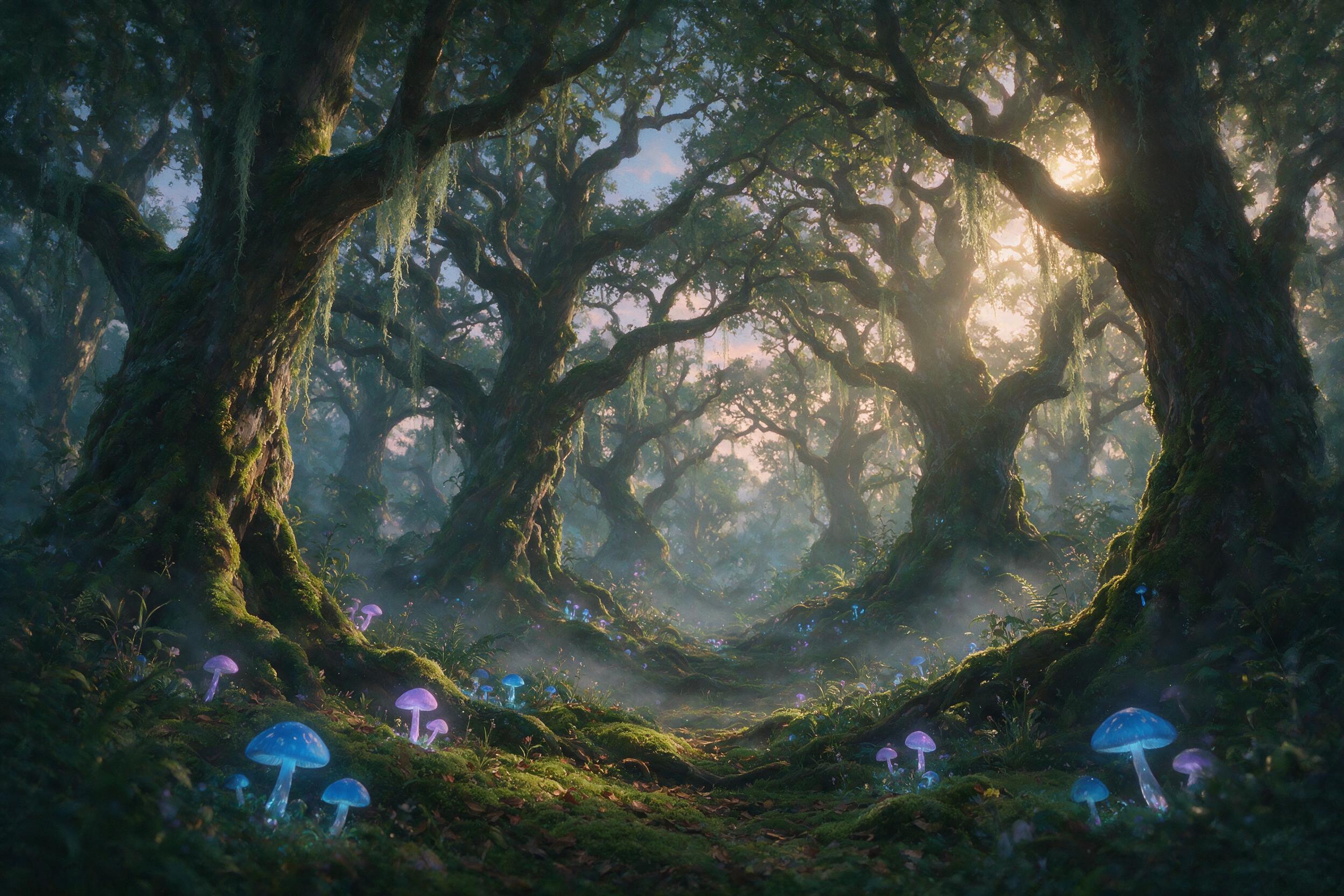 A mystical forest at twilight, bioluminescent mushrooms glowing soft blue and purple, ancient gnarled trees with hanging moss, a faint mist weaving through the undergrowth, warm golden light filtering through the canopy, shallow depth of field, painterly style with soft brushstrokes