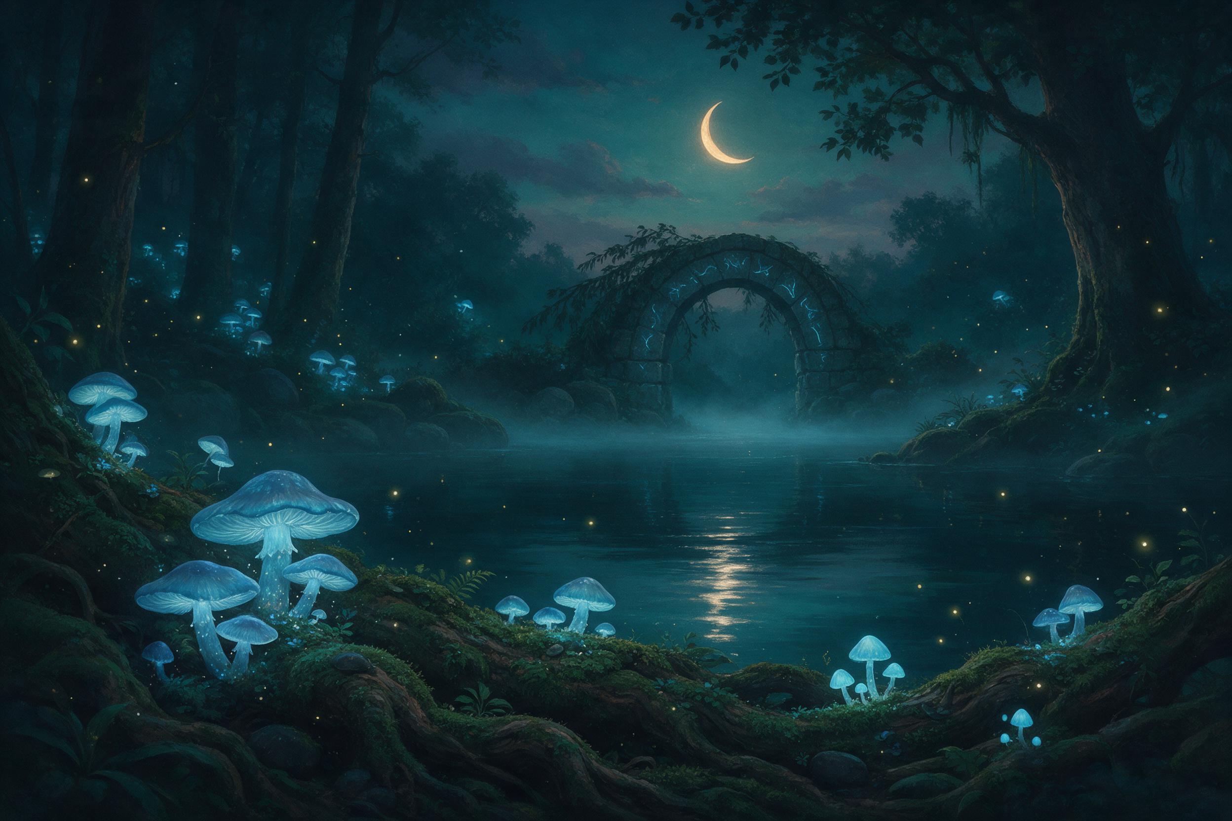 A quiet forest pond at twilight, glowing blue mushrooms scattered among ancient mossy roots, a half-hidden stone archway shimmering with faint runes, cool mist hanging over dark water reflecting a crescent moon, ethereal fireflies drifting, painterly style with soft brushstrokes and deep teals mixed