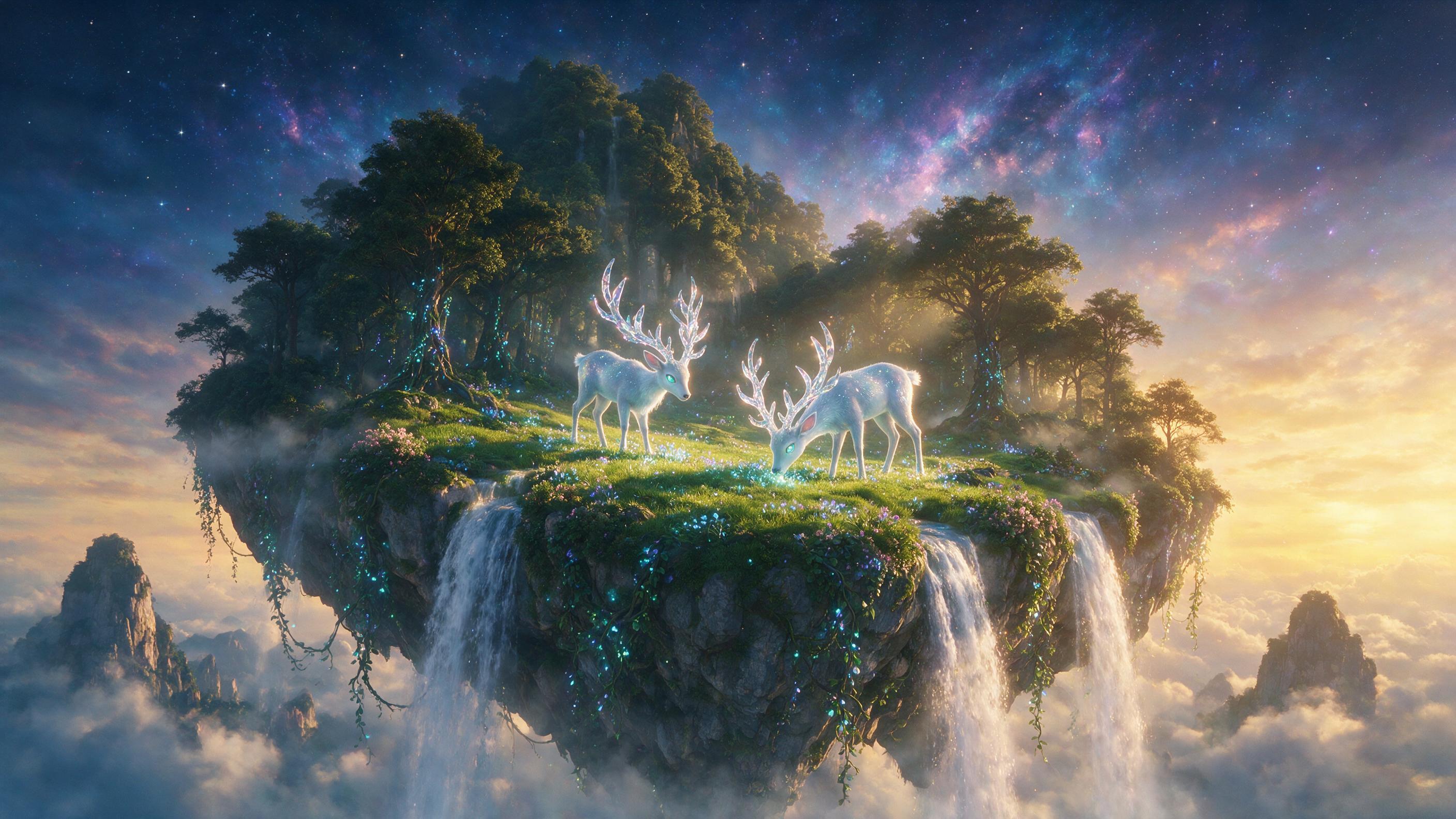 A luminous floating island at dusk, draped in cascading waterfalls and overgrown with bioluminescent vines, two ethereal deer with crystal antlers graze under a sky of swirling nebulas, soft mist hugs the terrain, low golden sunlight filters through canopy, hazy dreamlike atmosphere, slight motion b