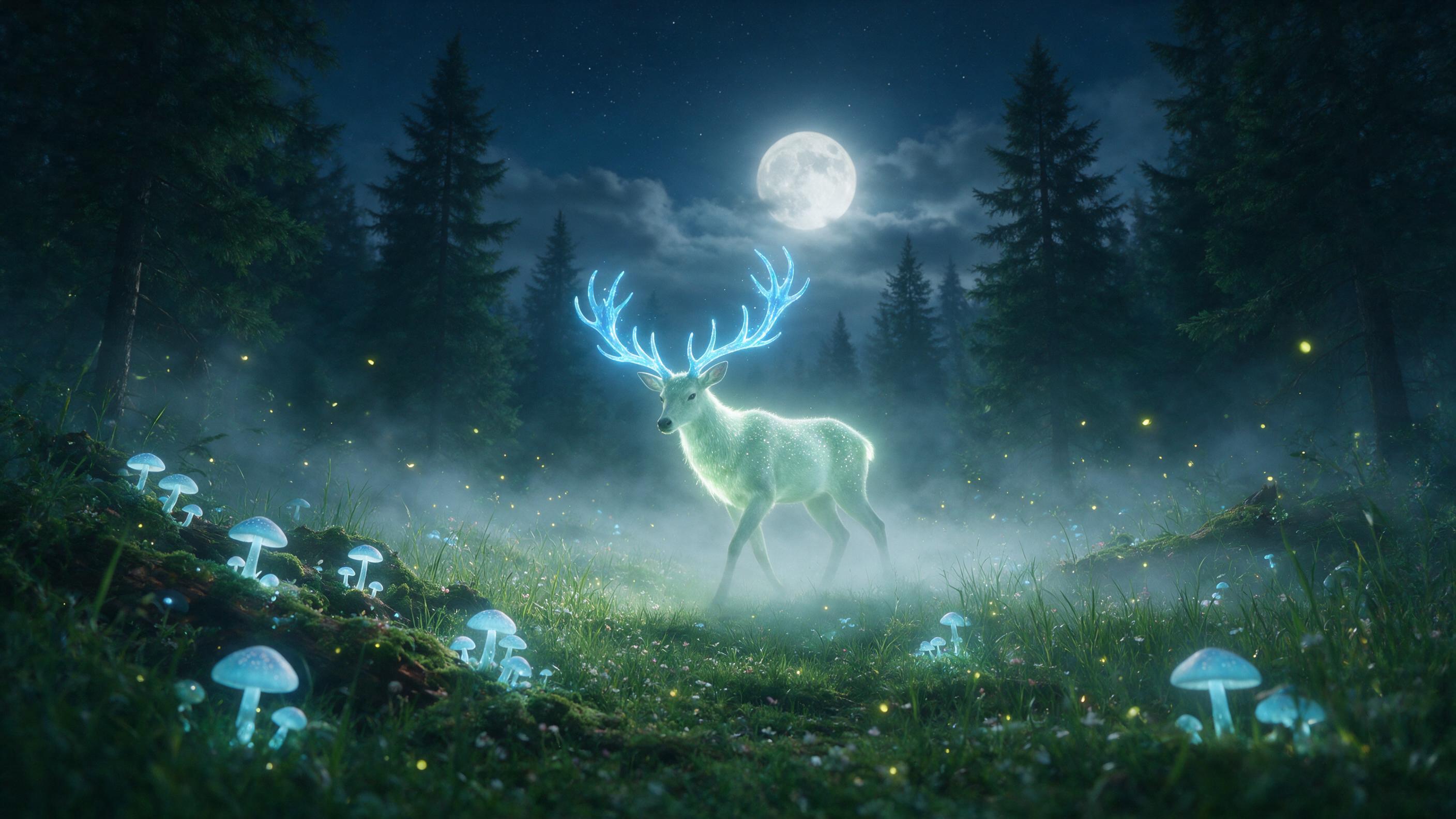 A moonlit forest glade with glowing blue mushrooms and fireflies, an ethereal deer with luminous antlers steps through mist, soft bioluminescent light, dreamy atmosphere, slight camera shake from long exposure, muted greens and blues