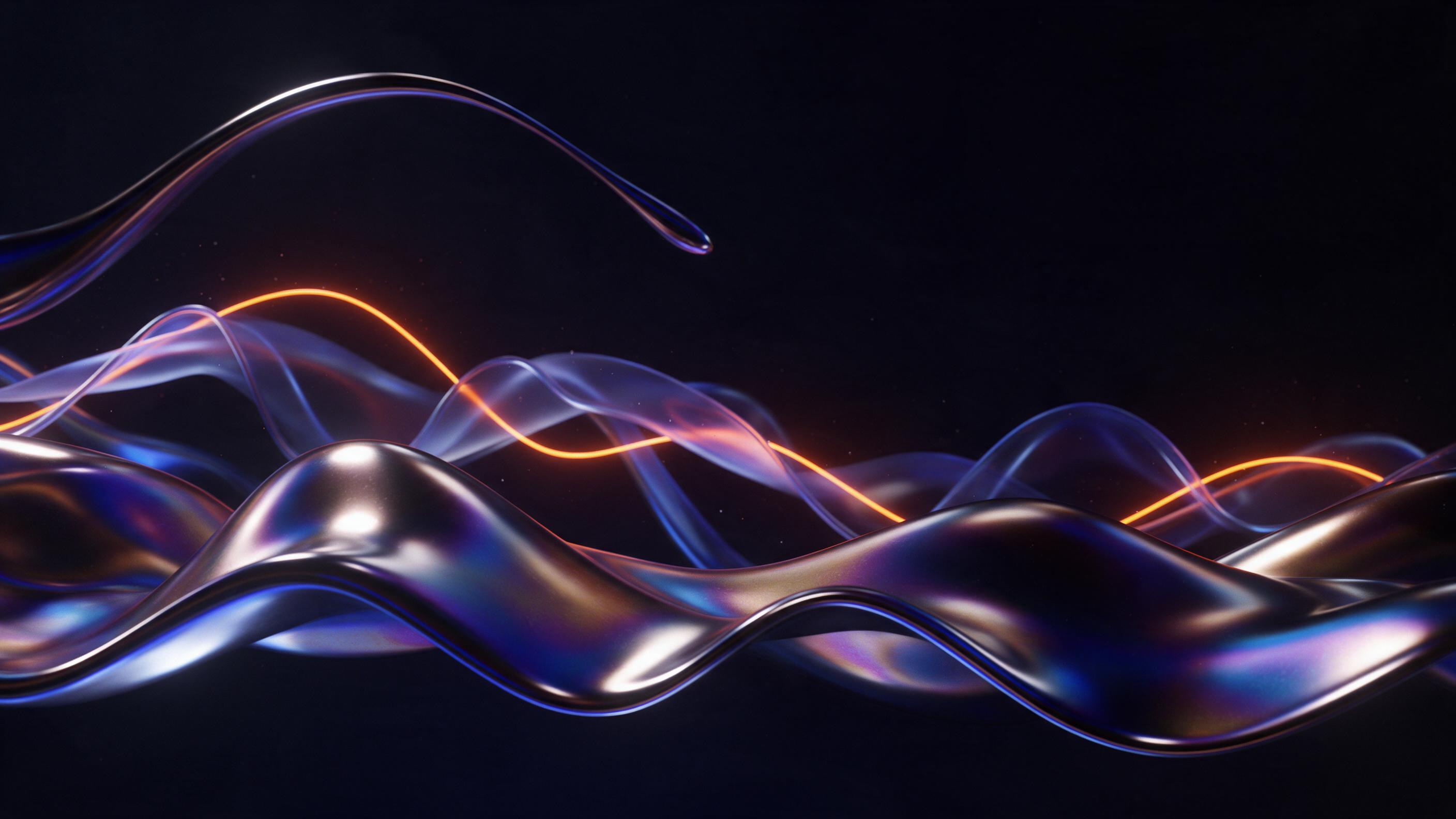 Flowing liquid metal curves in a deep black void, iridescent oil-slick reflections, thin bright orange neon filaments weaving through translucent glass waves, minimalist composition, dramatic side lighting, subtle dust particles floating, high contrast chiaroscuro