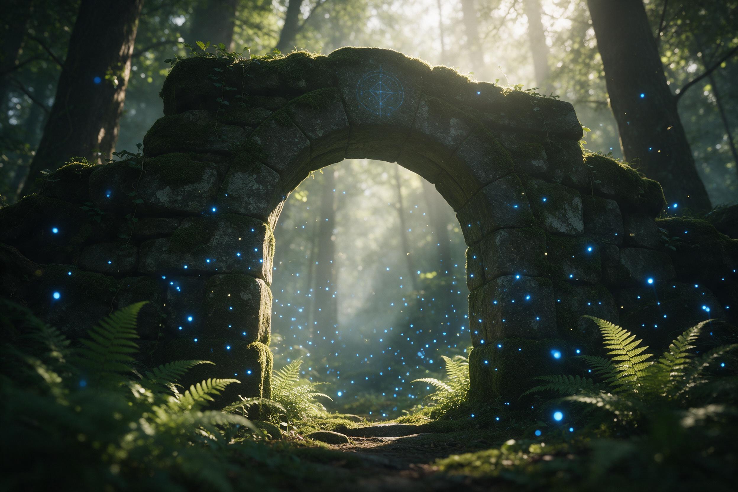 An ancient moss-covered stone archway in a misty forest, glowing blue fireflies swirling around, soft golden sunlight filtering through trees, delicate ferns foreground, a faint magical rune carved on the arch, ethereal atmosphere, wide-angle composition