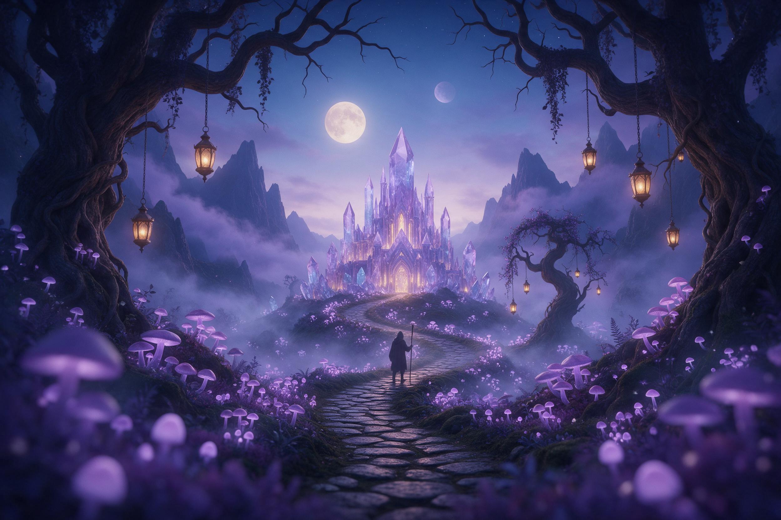 A hidden valley at twilight where glowing mushrooms and lanterns light a winding path to a crystal castle, purple and blue hues, mist rolling over ancient trees, a lone traveler with a staff, silhouetted against the faint glow of a twin-moon sky, soft focus foreground, ethereal atmosphere