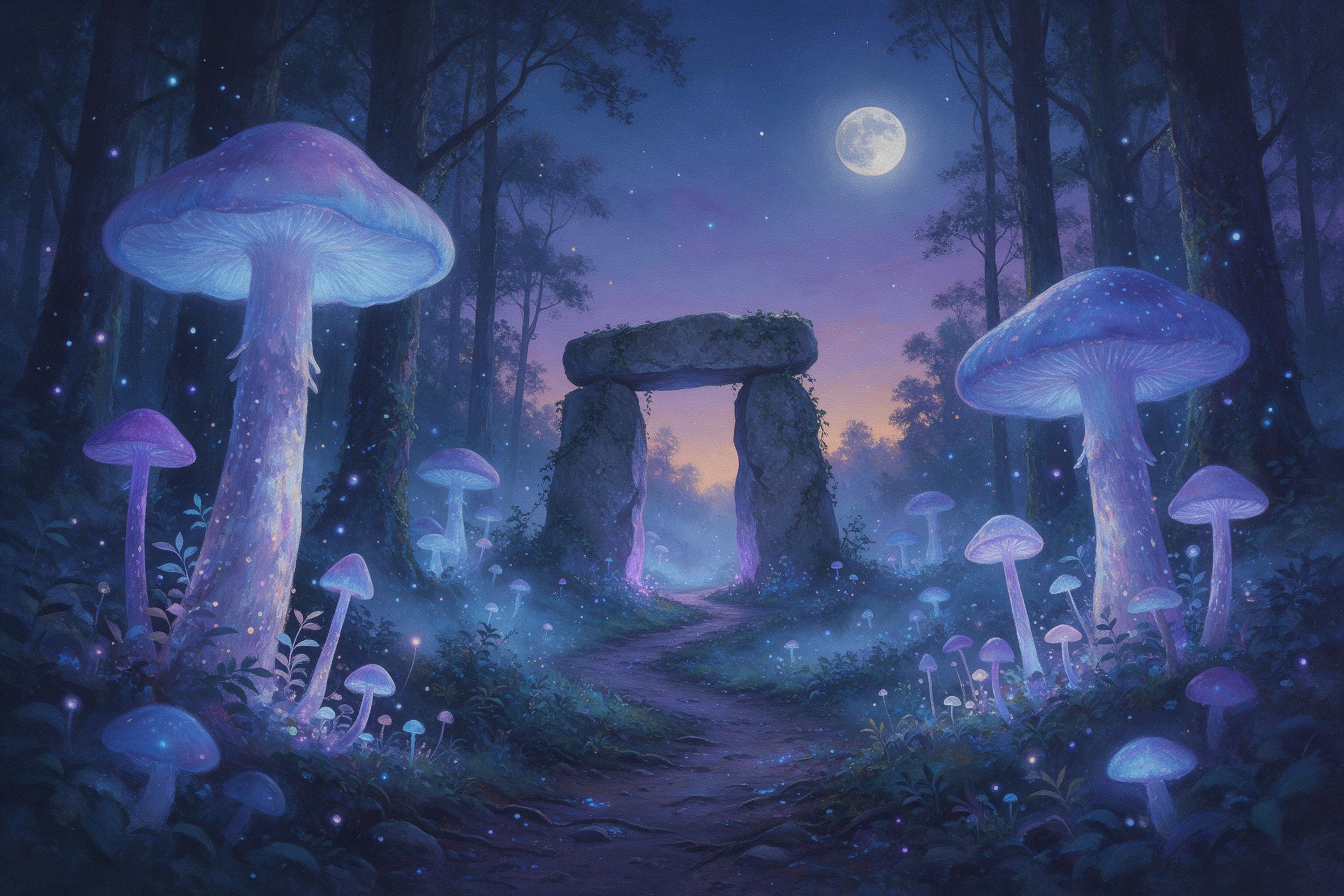 A bioluminescent forest at twilight, with colossal glowing mushrooms and floating spores, a winding path leading to an ancient stone arch covered in ivy, mist, moonlit, ethereal blue and violet palette, soft depth of field, painterly