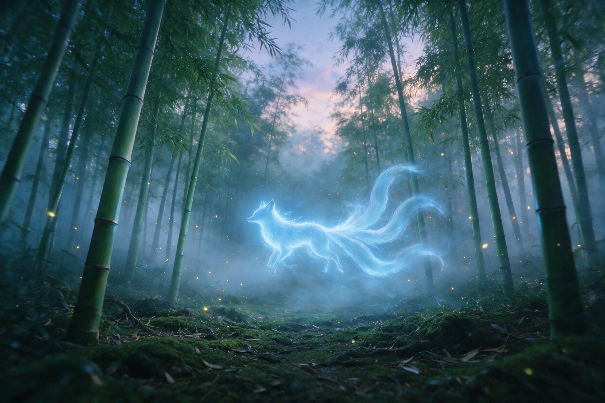 A glowing, translucent spirit fox with nine tails drifts through a misty bamboo forest at twilight. Dim, ethereal blue light emanates from the fox's body, casting soft shadows on the mossy ground. Fireflies float in the air. Slight camera shake, natural grain. The scene is serene, mysterious, and de
