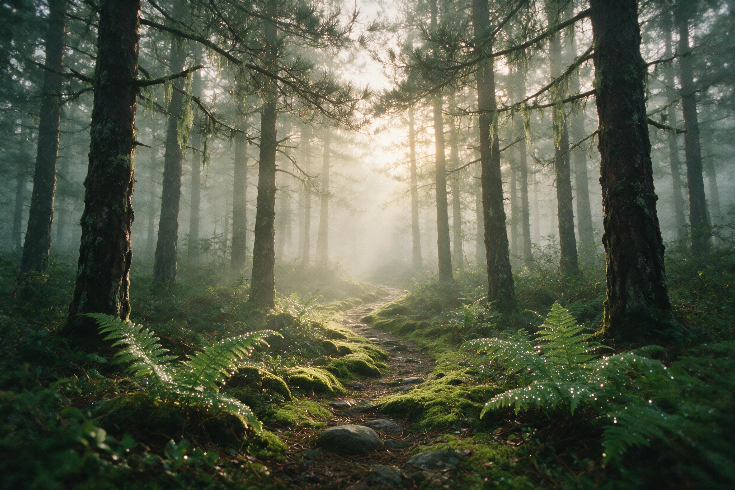 A misty pine forest at dawn, soft golden light filtering through tall trees, a winding moss-covered path leading into the fog, dew drops on ferns in the foreground, muted green and amber tones, gentle atmospheric haze, shot on 35mm film with natural grain, composition centered on the path vanishing 