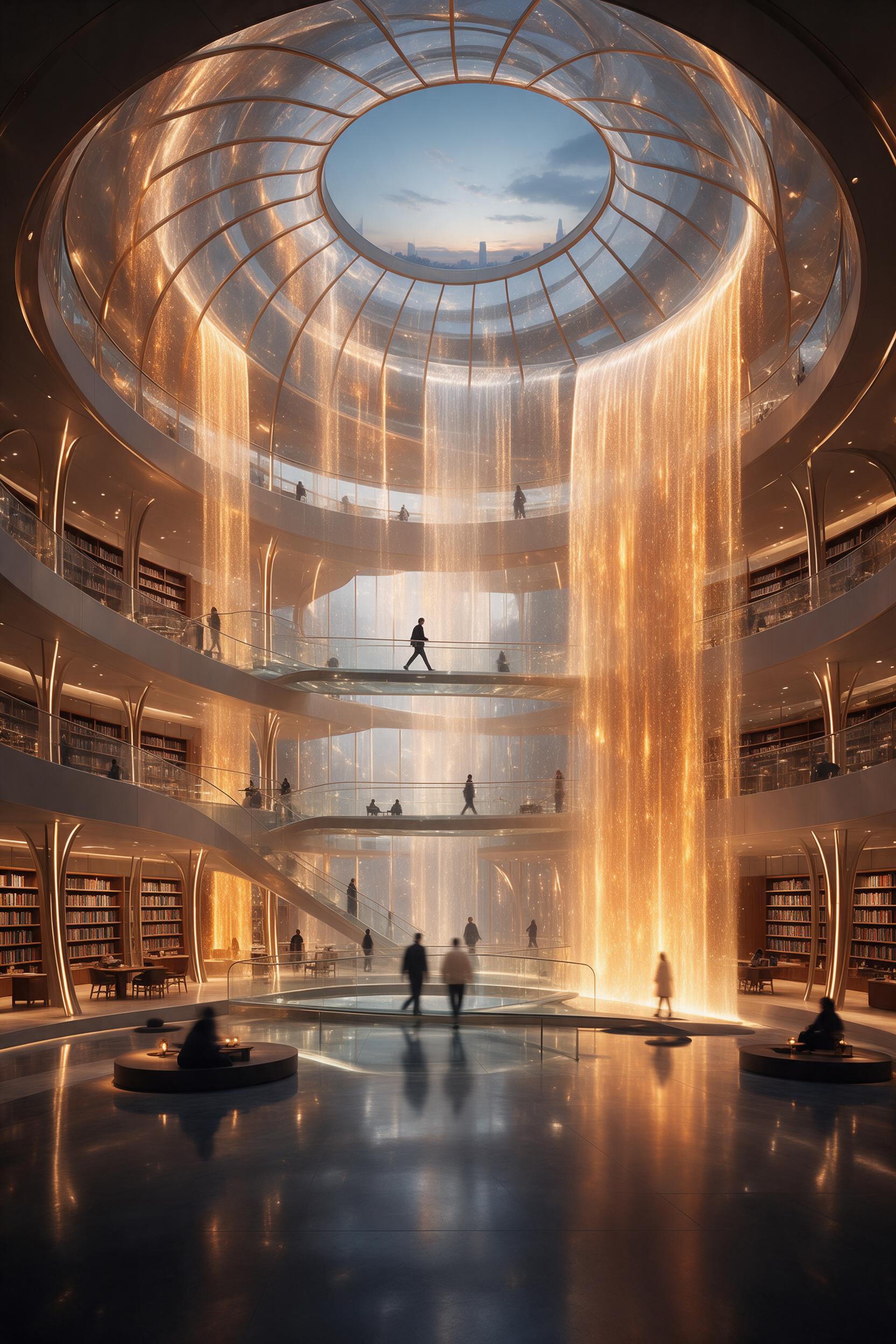 A futuristic library with a spiraling glass dome, cascading waterfalls of light along its curved walls, warm amber interior glowing against a twilight blue sky, people walking on transparent bridges, slight long exposure creating soft motion trails, minimalist composition with clean lines reflecting