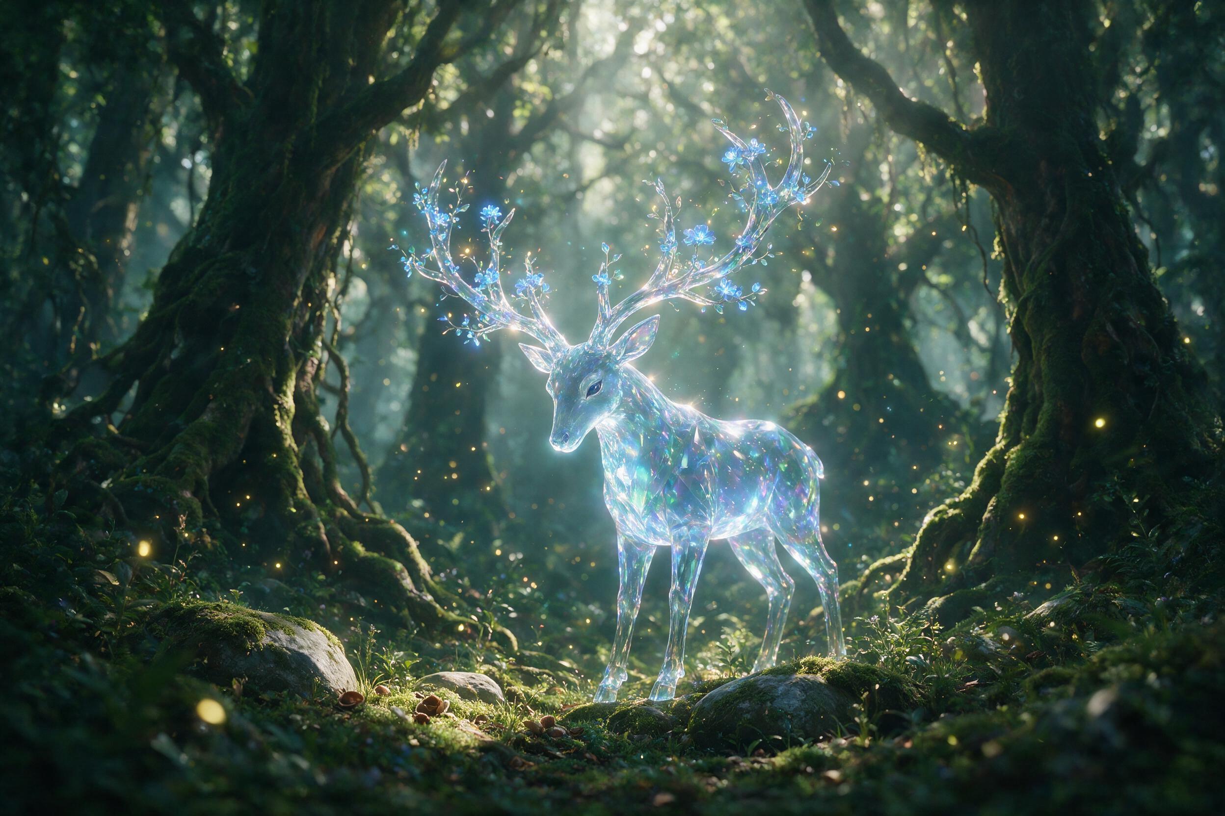A glowing crystal deer stands in a misty ancient forest, its antlers sprouting luminescent blue flowers. Soft volumetric light filters through towering mossy trees, casting ethereal shadows. Shallow depth of field focuses on the deer's face, background blurred into a bokeh of fireflies. Natural colo