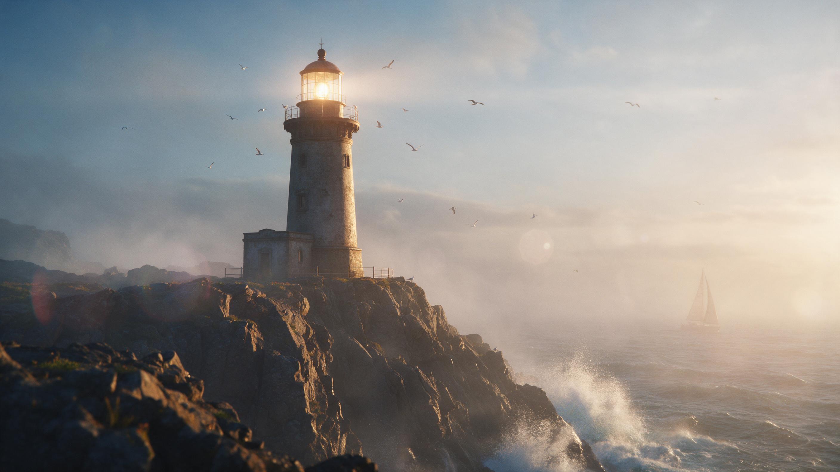 A weathered stone lighthouse standing on a rugged cliff at golden hour, warm light spilling from its lantern room, crashing waves below, seagulls circling, distant sailboat on the horizon, soft mist, gentle lens flare, warm and cool color contrast, wide-angle composition.