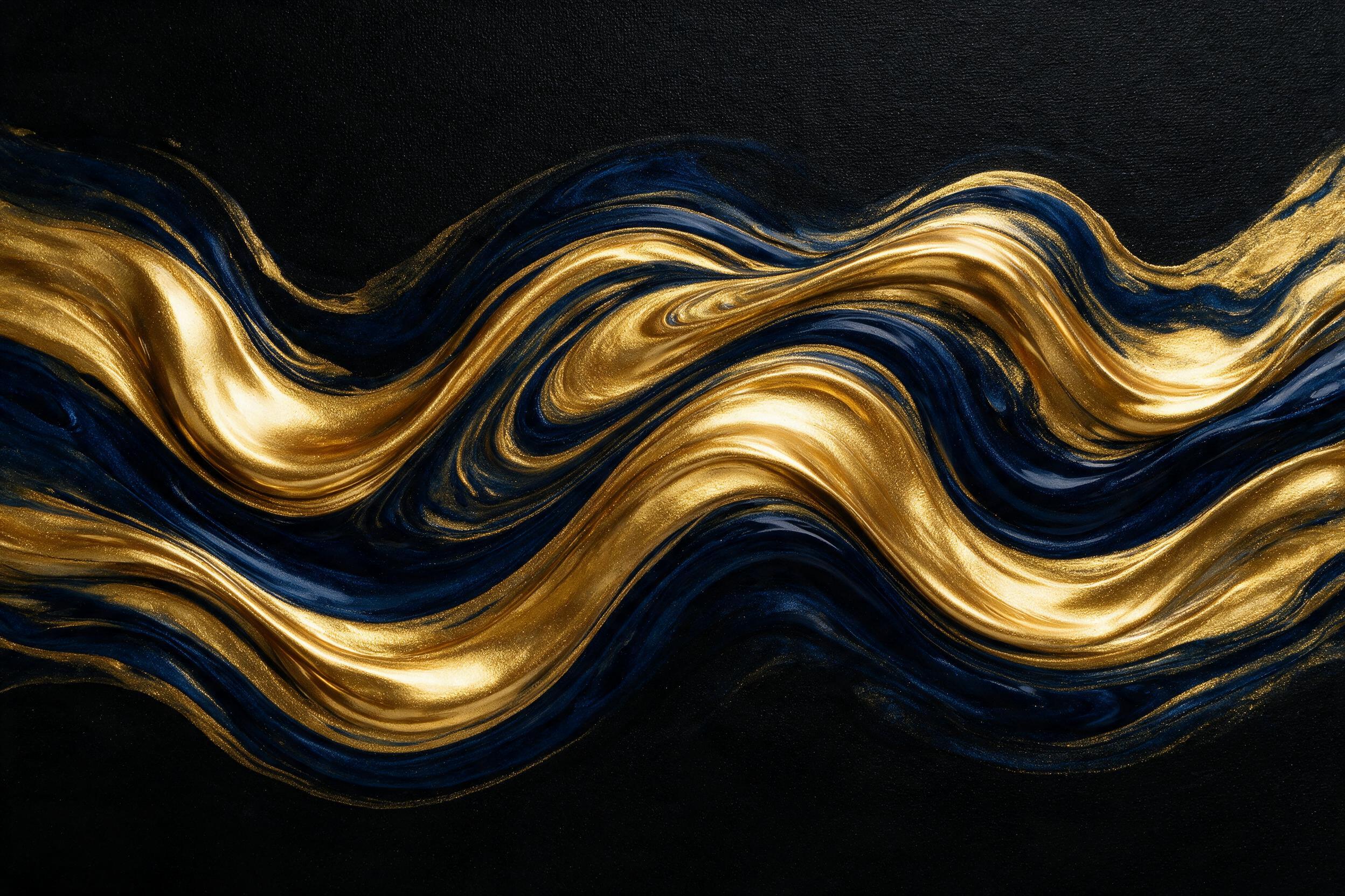 Fluid art of molten gold and deep indigo swirling on black canvas, macro lens, glossy highlights, smooth waves, subtle grain, no text, minimalist composition with negative space