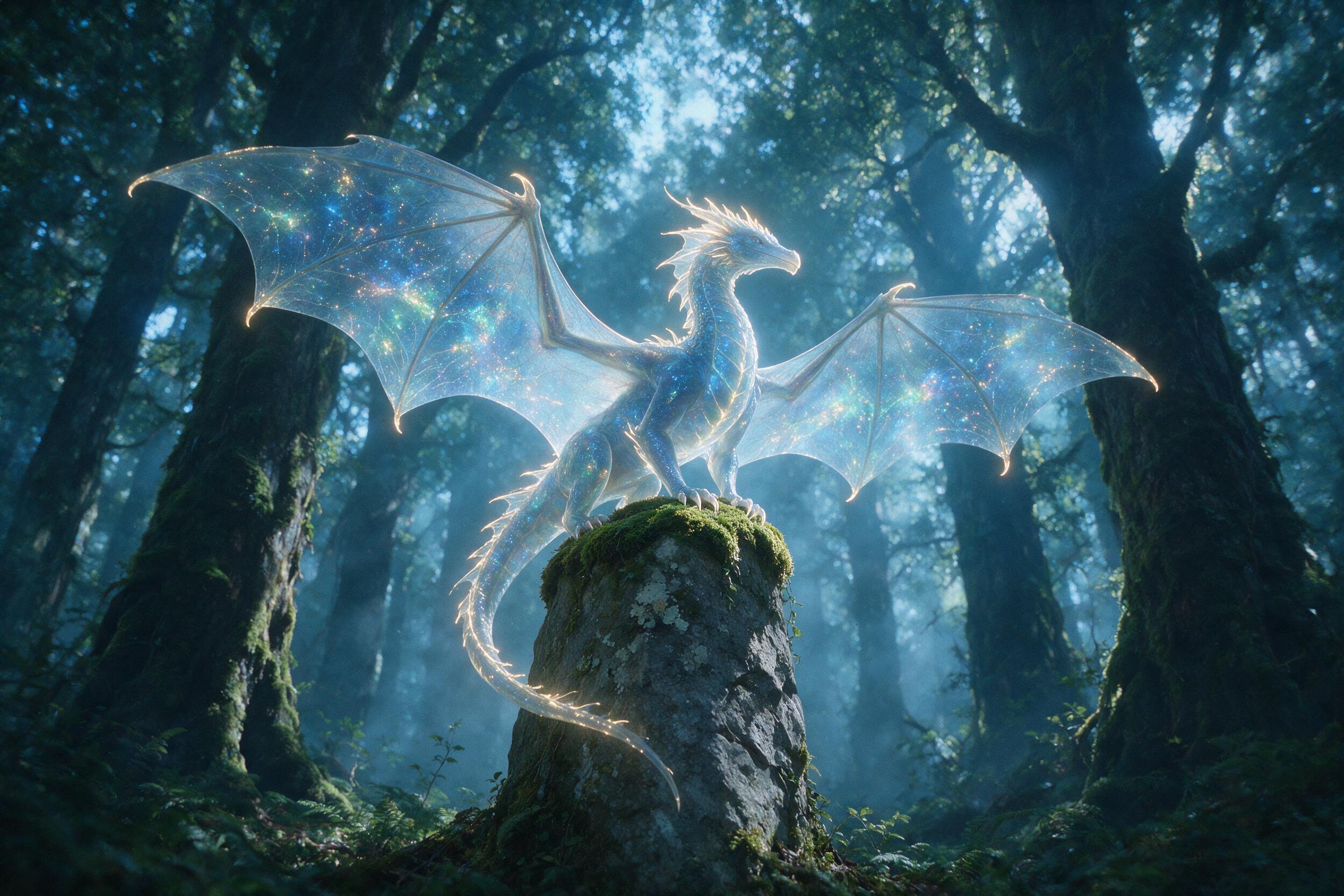 A glowing, translucent dragon perches on a moss-covered stone spire in a misty forest, its wings shimmering with bioluminescent patterns. Soft blue light filters through the canopy, casting long shadows. Low angle, medium shot, ethereal atmosphere, slight grain, natural lighting.