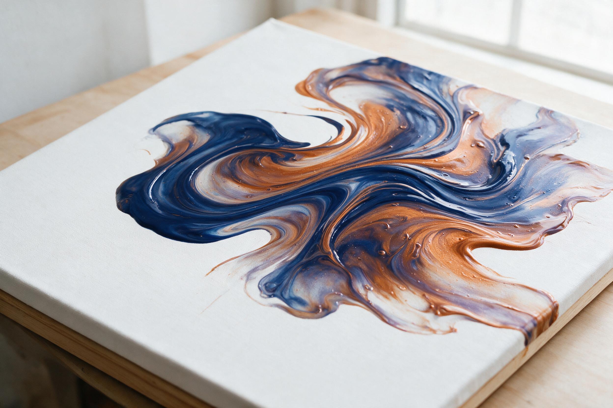 Fluid acrylic swirls of deep indigo and burnt sienna merging on a white canvas, soft morning light from the side highlighting the glossy texture, slight grain, minimal composition with negative space on the left