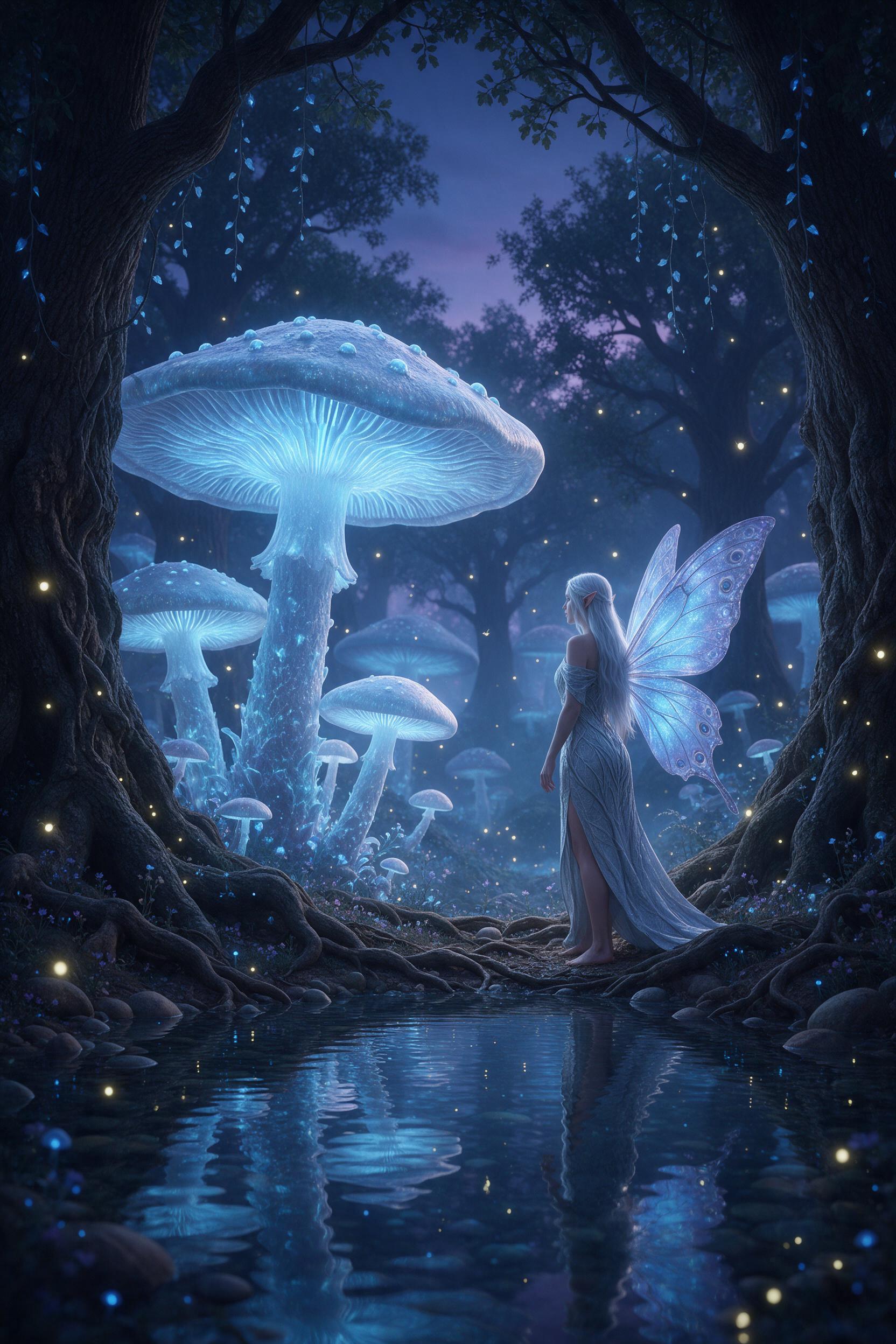 An ethereal forest glade at twilight, where colossal luminescent mushrooms cast a soft blue glow. A silver-haired elven woman with shimmering butterfly wings stands by a crystal-clear pond, her reflection rippling in the water. Fireflies dance in the air, and ancient oaks with twisted roots frame th