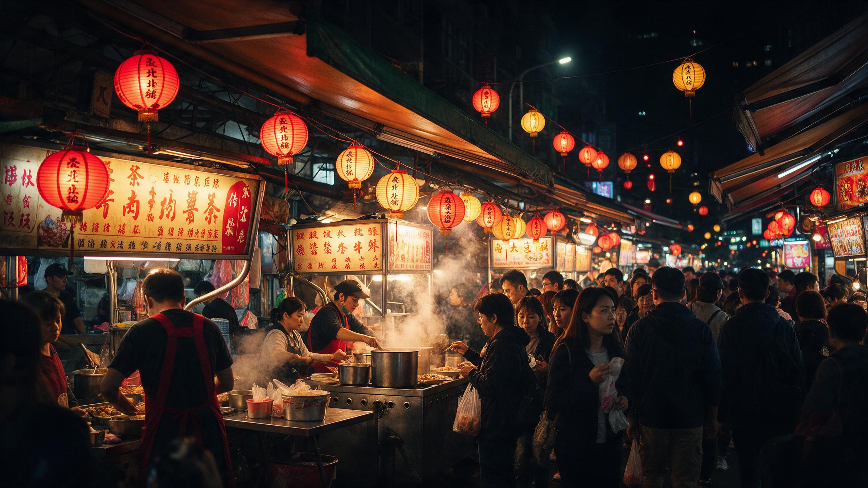 Street food market in Taipei at night, glowing lanterns, steam rising from food stalls, vibrant red and gold tones
