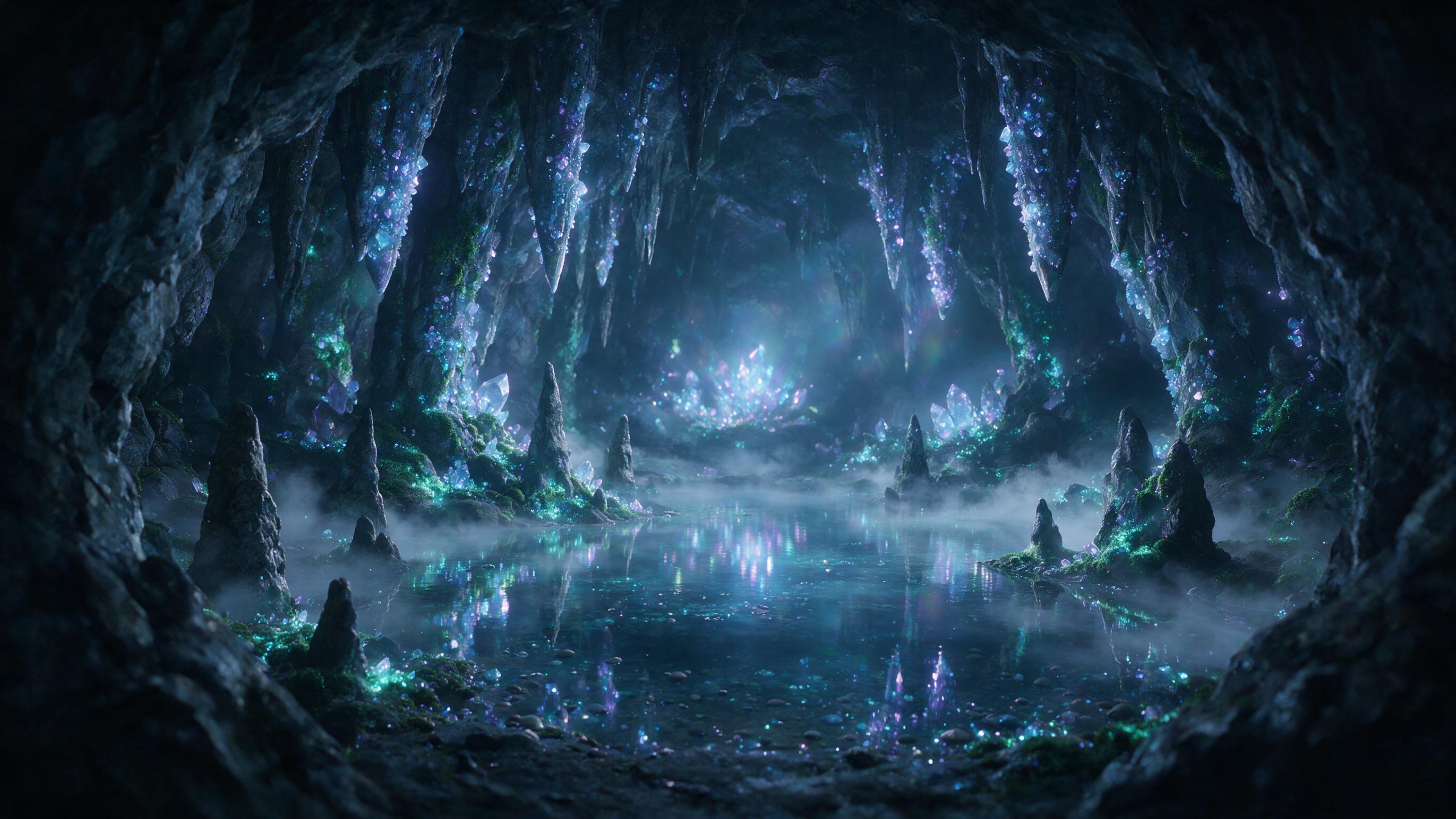 A luminous crystal cave deep underground, bioluminescent moss clinging to jagged rock walls, a tranquil pool reflecting soft blue and violet light, gentle mist swirling, perspective from a narrow passage opening into the vast cavern, mystical atmosphere, natural lighting from glowing crystals.