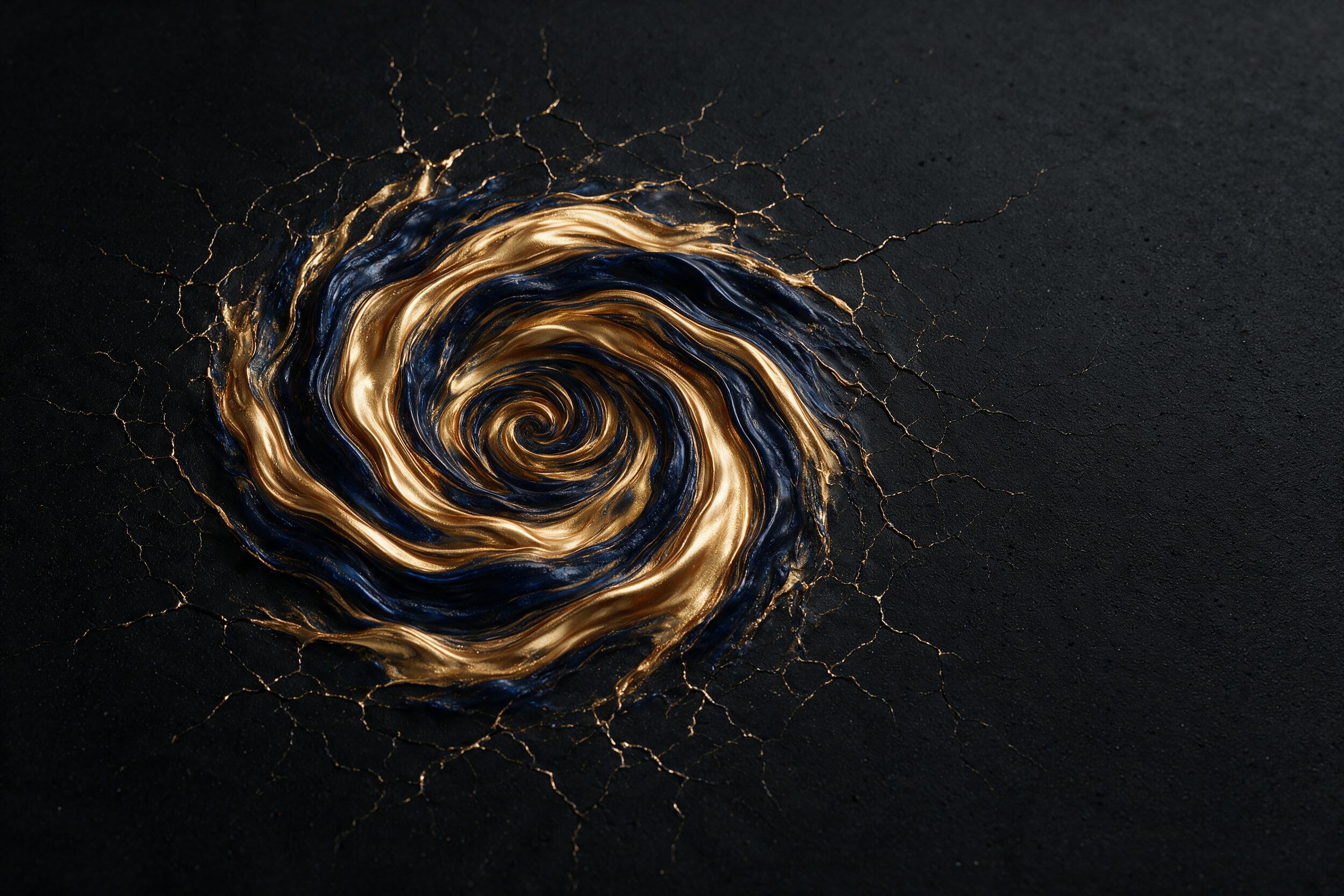A swirling vortex of molten gold and deep indigo, with delicate fractures spreading like roots across a matte black surface, soft diffused light from above creating gentle shadows on the undulating forms, minimal composition with negative space on the right side.