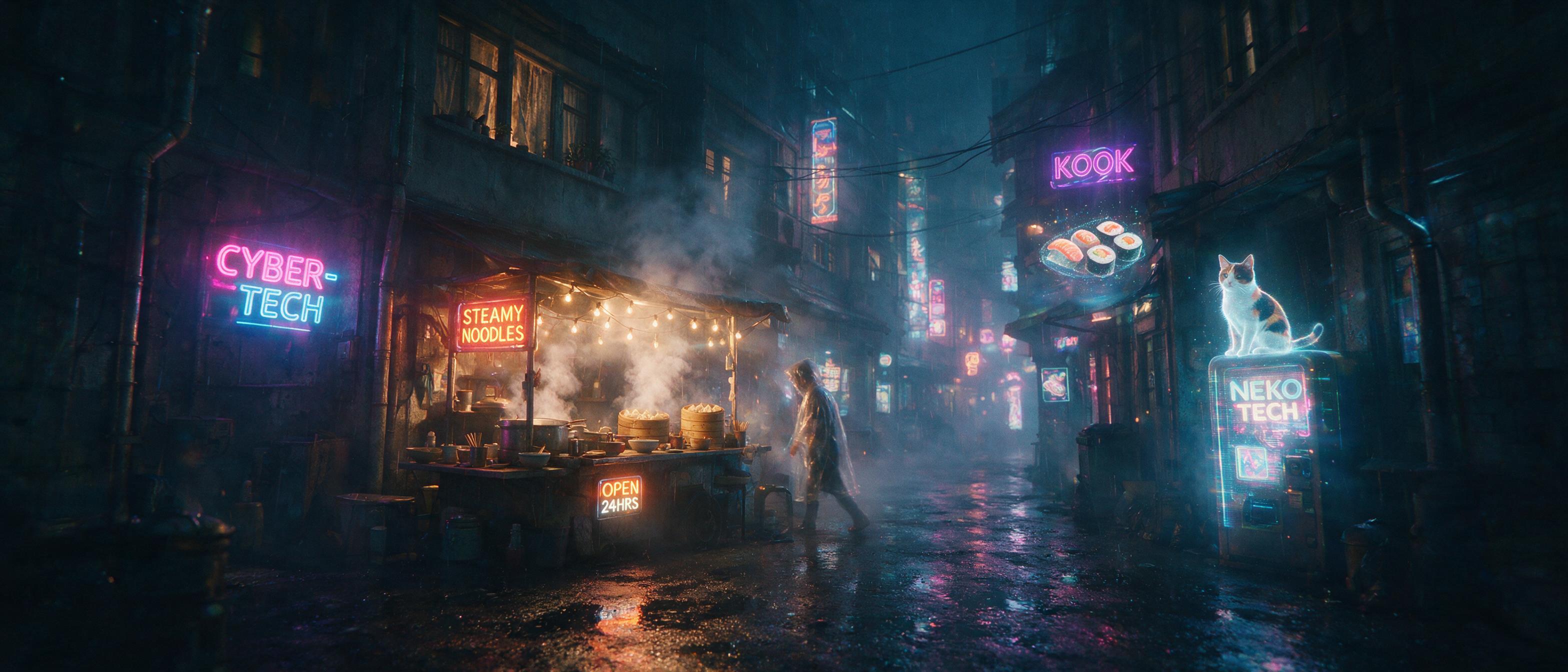 A neon-lit cyberpunk alleyway at midnight, rain-slicked asphalt reflecting holographic advertisements, a lone figure in a translucent raincoat walks past a flickering noodle stand, steam rising from boiling pots, volumetric fog, cinematic lighting, slight lens flare, grain