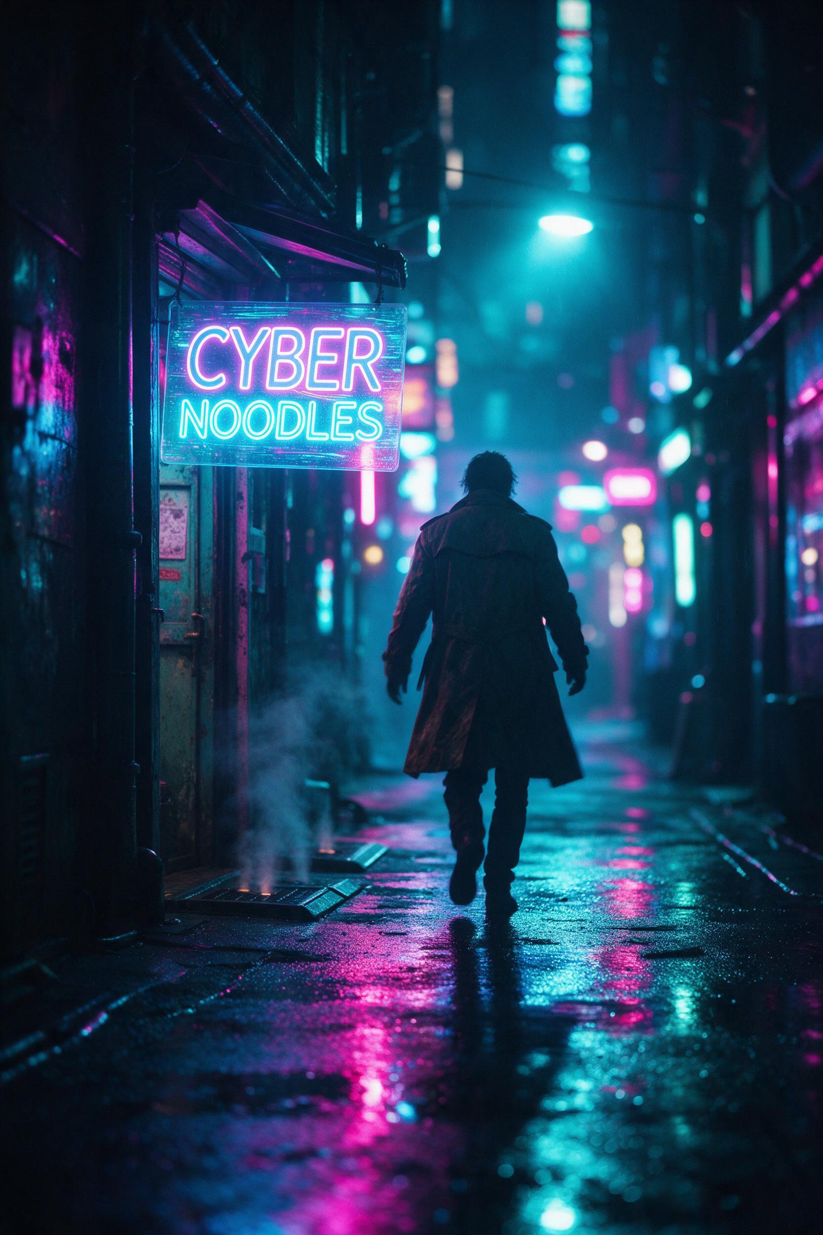 Neon-lit rainy cyberpunk alley, holographic noodle shop signs reflecting on wet asphalt, lone silhouette in a worn trench coat under a flickering streetlight, steam rising from vents, saturated cyan and magenta tones, shallow depth of field with bokeh, cinematic composition, slight motion blur