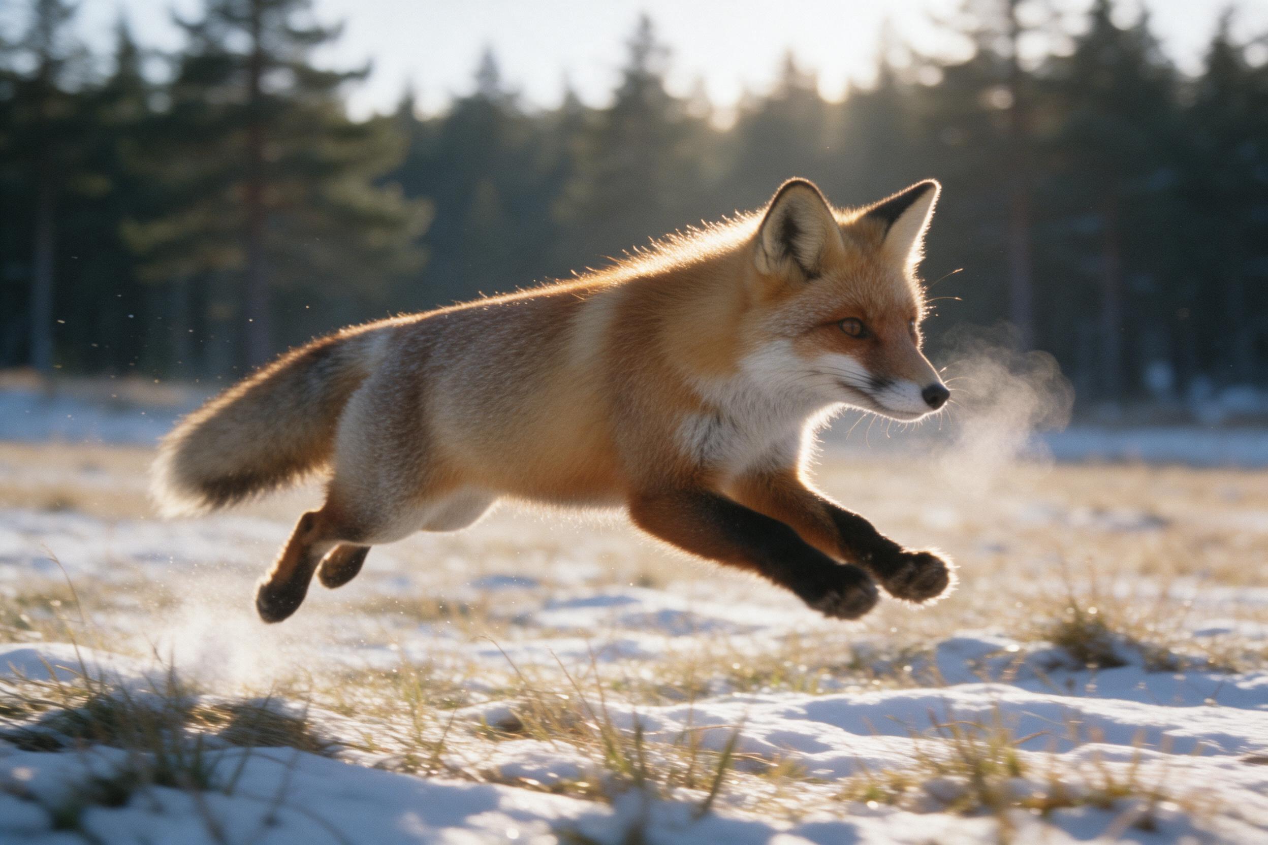 A red fox mid-leap across a snow-dusted meadow at dawn, fur catching golden backlight, breath visible in cold air, motion blur on paws, subtle grain, shallow depth of field, distant pine forest blurred