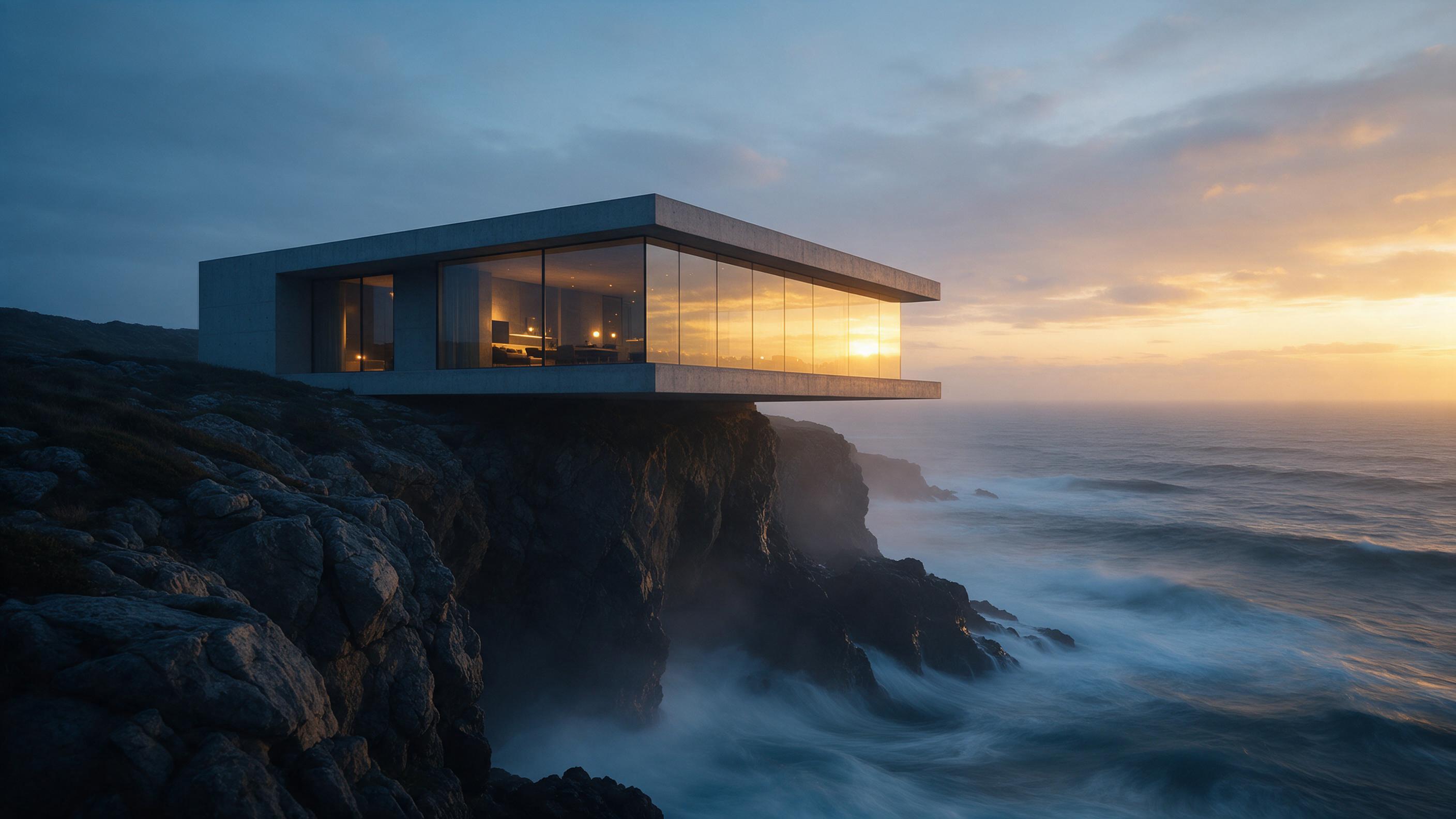 Minimalist concrete villa perched on a rugged coastal cliff at dusk, floor-to-ceiling glass walls reflecting golden sunset over turbulent ocean waves, warm interior lights glowing against cool blue hour exterior, long exposure smooth water, slight fog in air, wide angle composition emphasizing struc