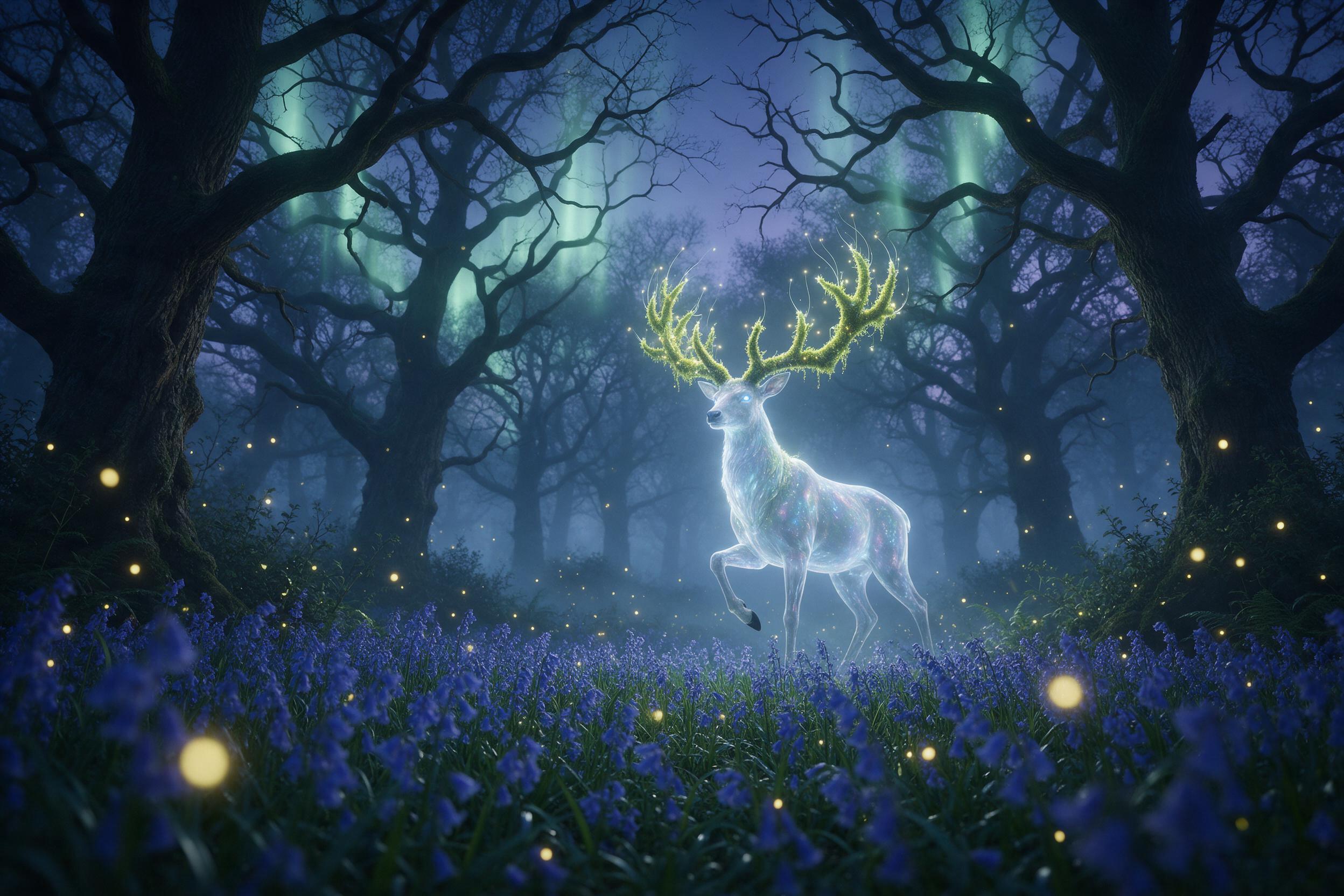 A misty ancient forest clearing at twilight, where a glowing, translucent stag with antlers of luminescent moss steps over a carpet of bluebell flowers. Fireflies drift like slow gold dust, and the air shimmers with pale green aurora light filtering through twisted branches. Low angle composition, i