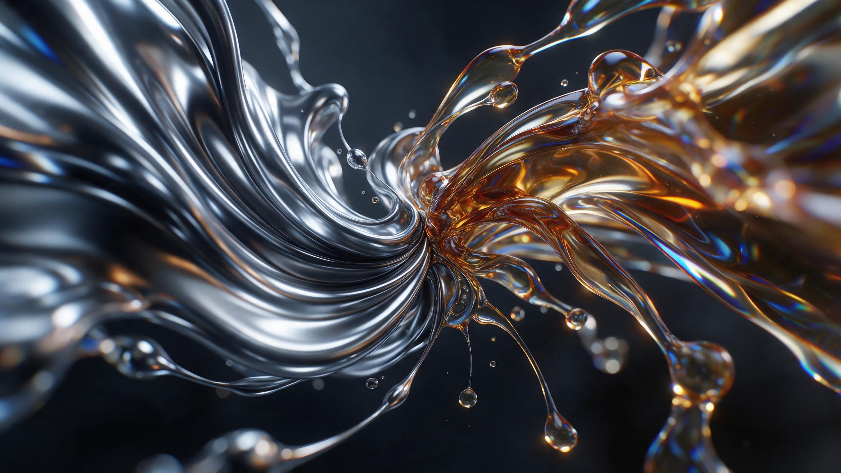 Swirling liquid chrome and molten glass forms collide in a dark void, refracted light splitting into spectral prisms, macro detail of viscous flow, deep shadows with electric blue and amber highlights, dynamic composition with sharp focus on center, background softly blurred, no text or watermark.
