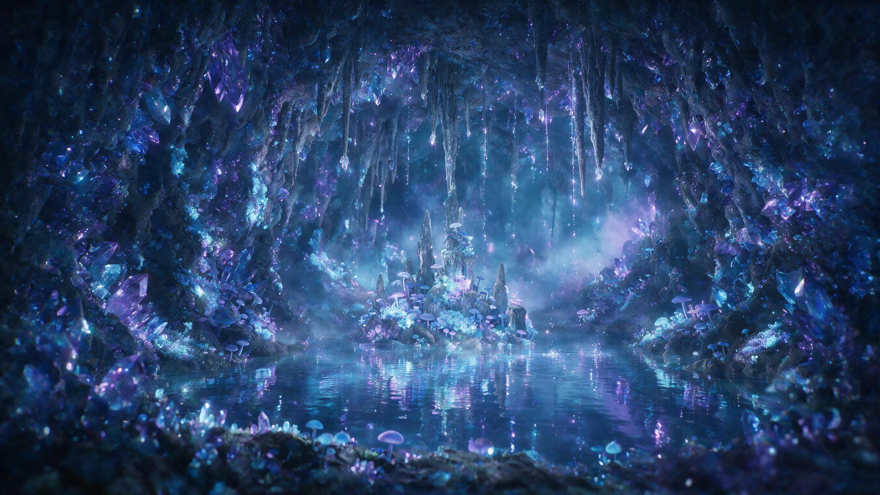 A glowing crystal cave deep underground, bioluminescent moss and fungi casting soft blue and purple light, stalactites dripping with luminescent water, a small pool reflects the ethereal glow, misty atmosphere, slight lens flare, cinematic composition with depth of field, moody and mysterious