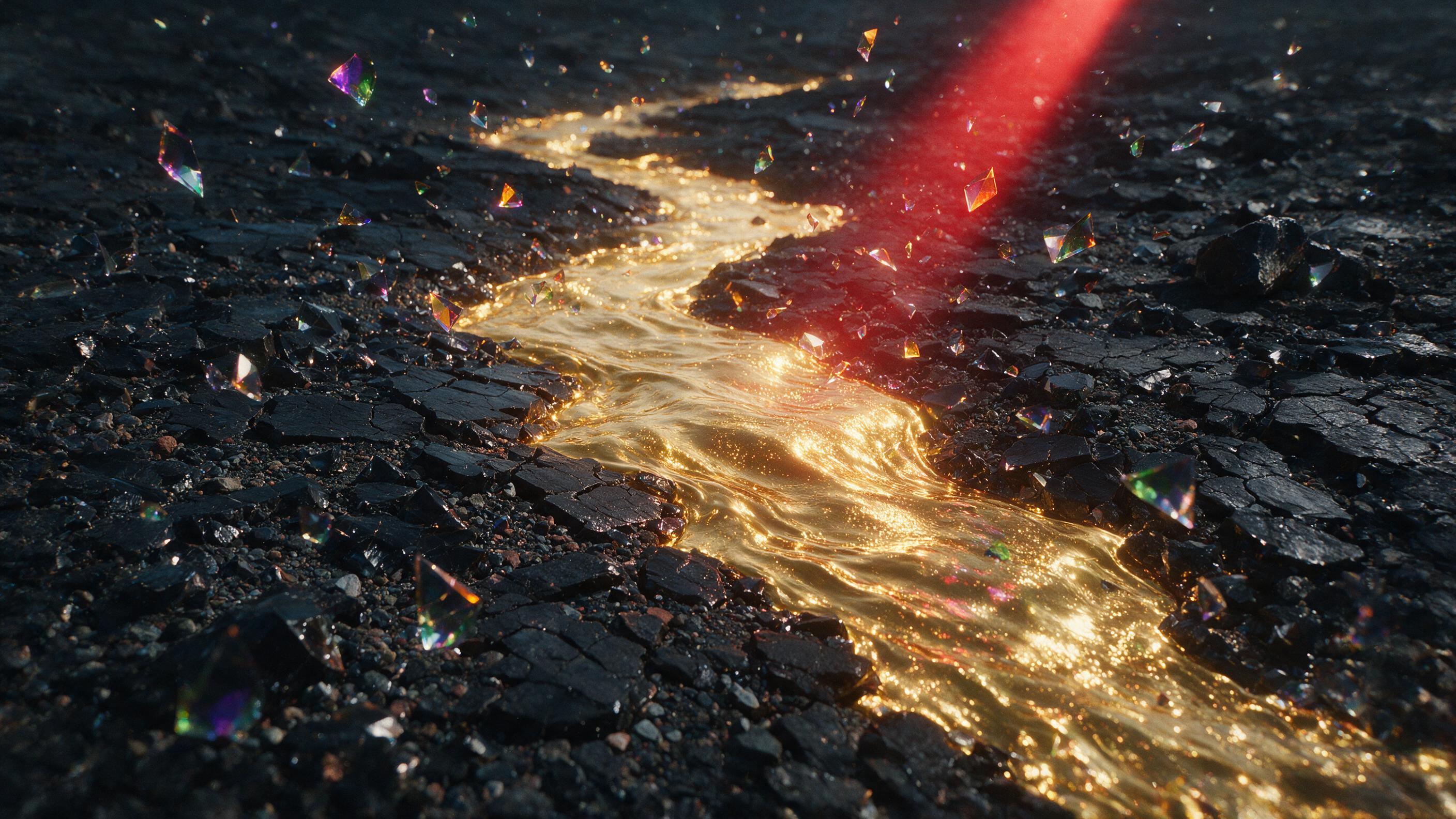 A flowing river of molten gold winding through a dark, cracked obsidian desert. Geometric shards of iridescent glass float in the air above, catching a single, sharp beam of crimson light from an unseen source. Grainy texture, slight camera shake, natural lighting, no blur, no distortion.