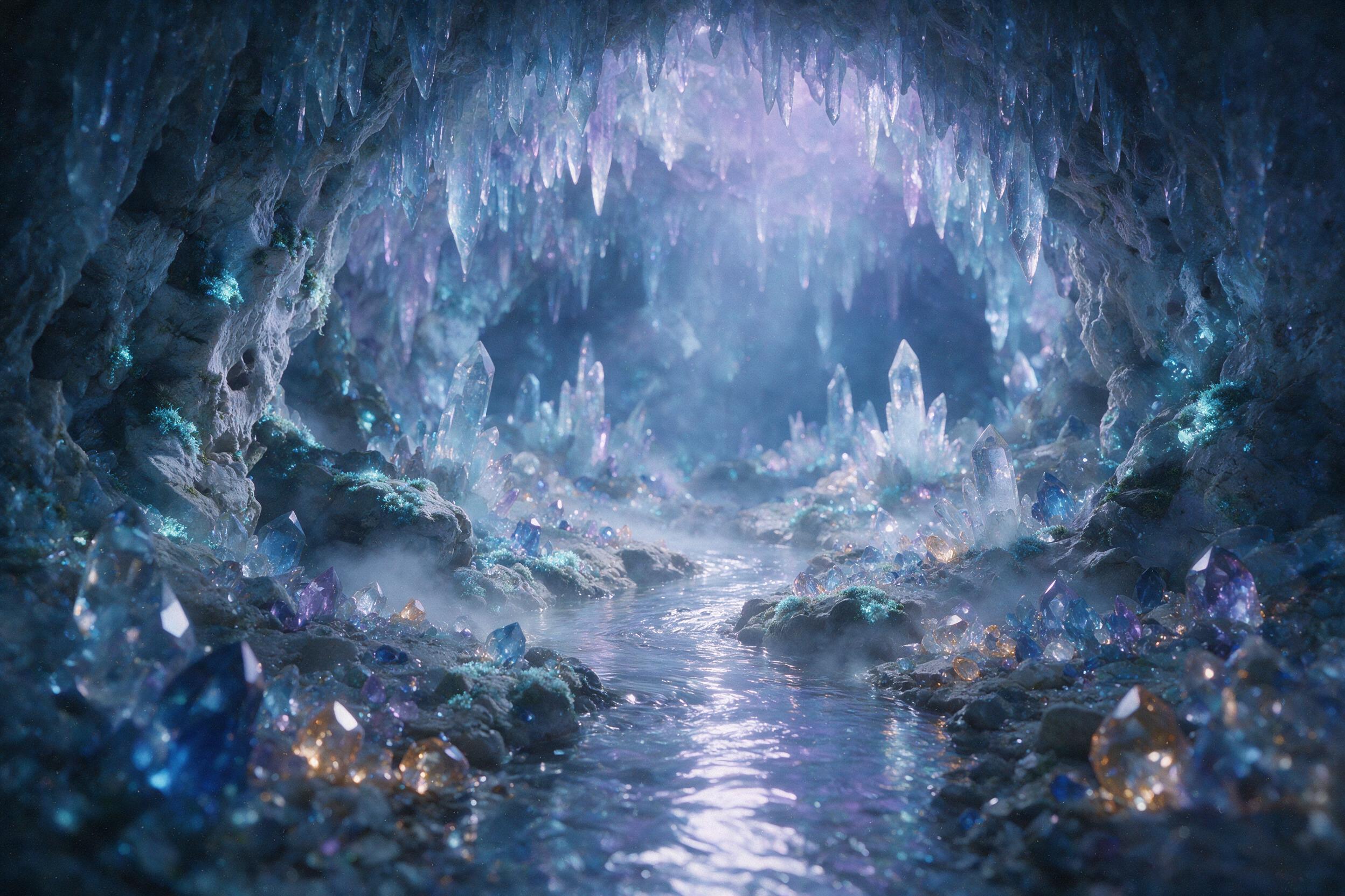 A luminous crystal cave deep underground, glowing bioluminescent moss on jagged walls, a small stream of liquid silver winding through the center, soft mist rising, ethereal blue and purple light, shallow depth of field, subtle grain, warm amber crystals scattered on the ground