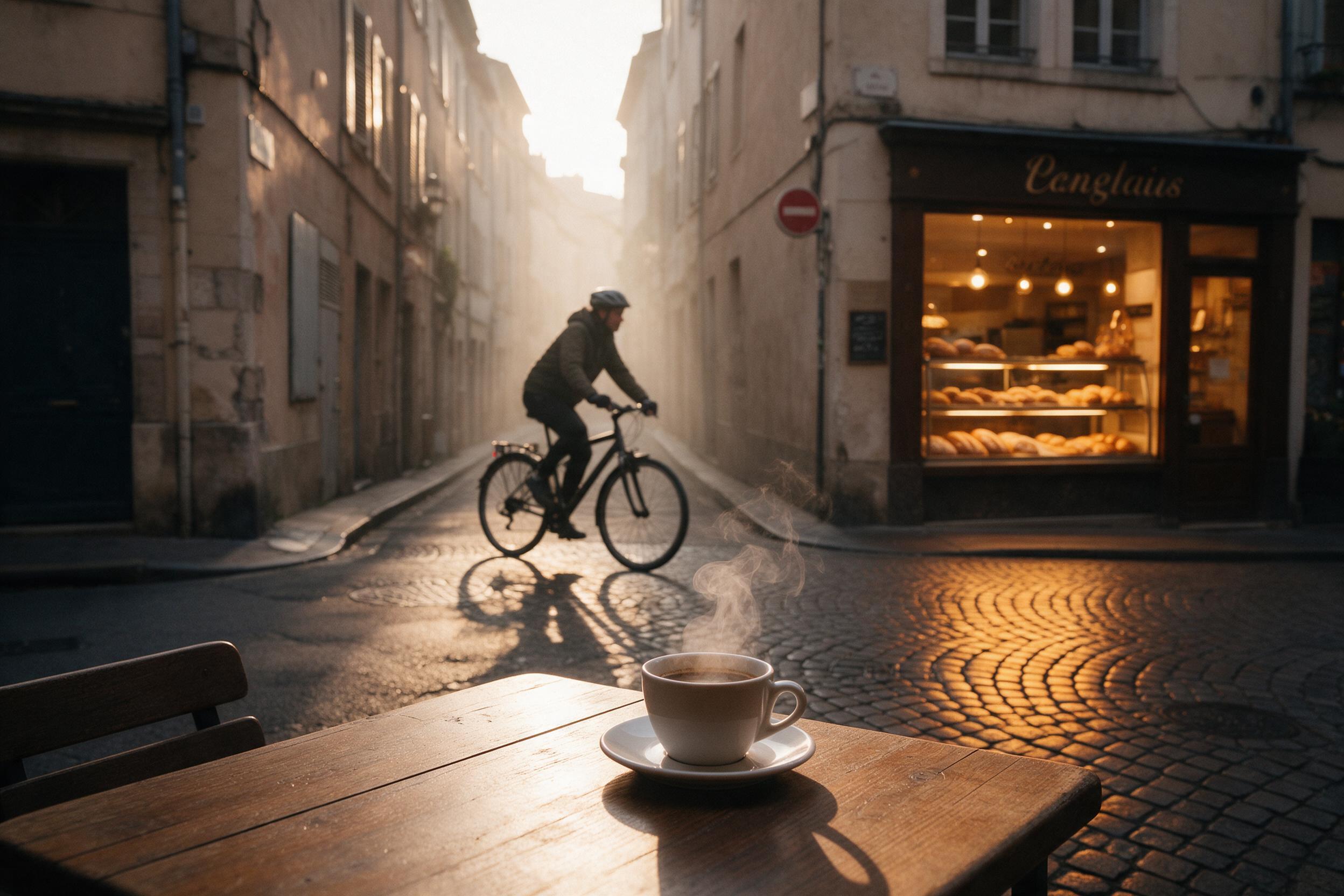 Golden hour spills through a narrow European alley, warm cobblestones reflect a bakery's glow, a cyclist turns the corner, steam rises from a coffee cup on a wooden table, shallow depth of field, gentle backlight and soft haze.