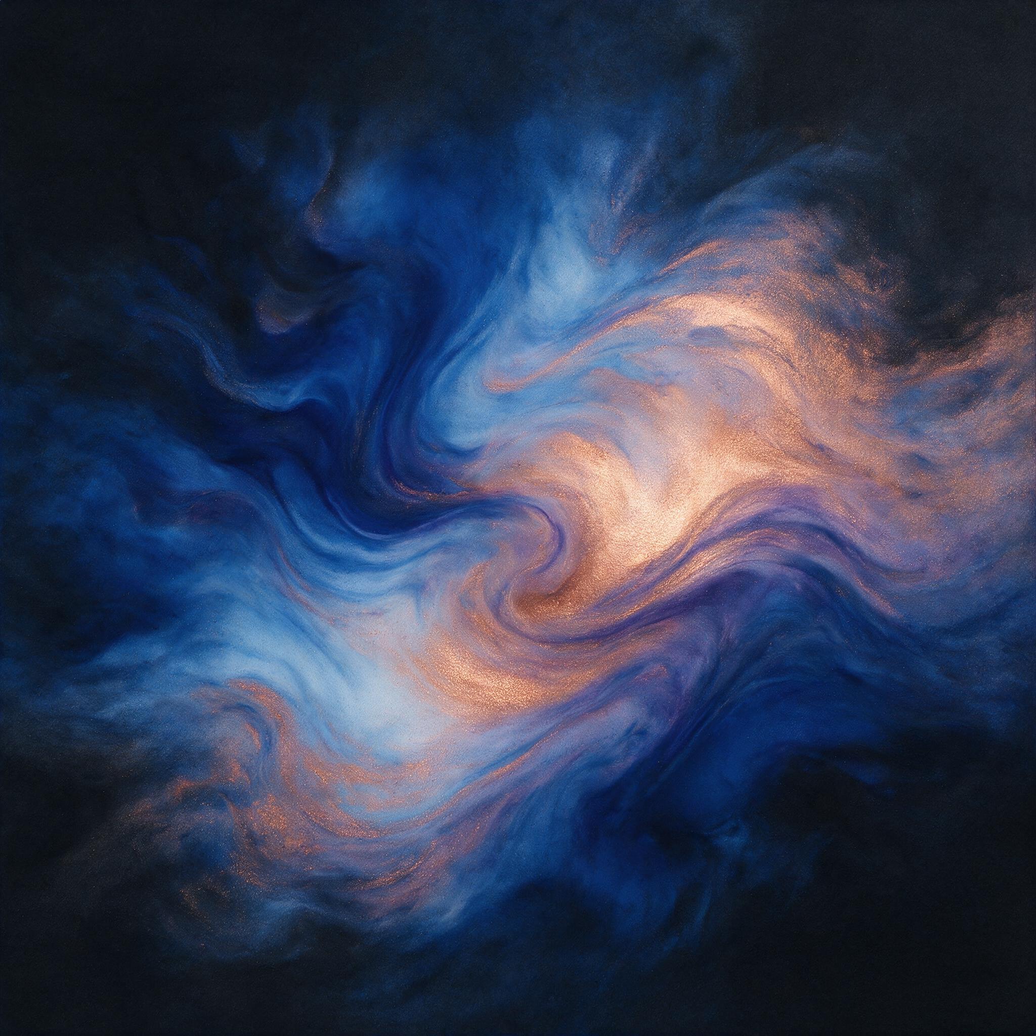 Fluid art of swirling cobalt blue and copper hues merging on a dark canvas, soft light from above creating subtle gradients, minimal composition with negative space, slight grain texture, no sharp edges or defined shapes.