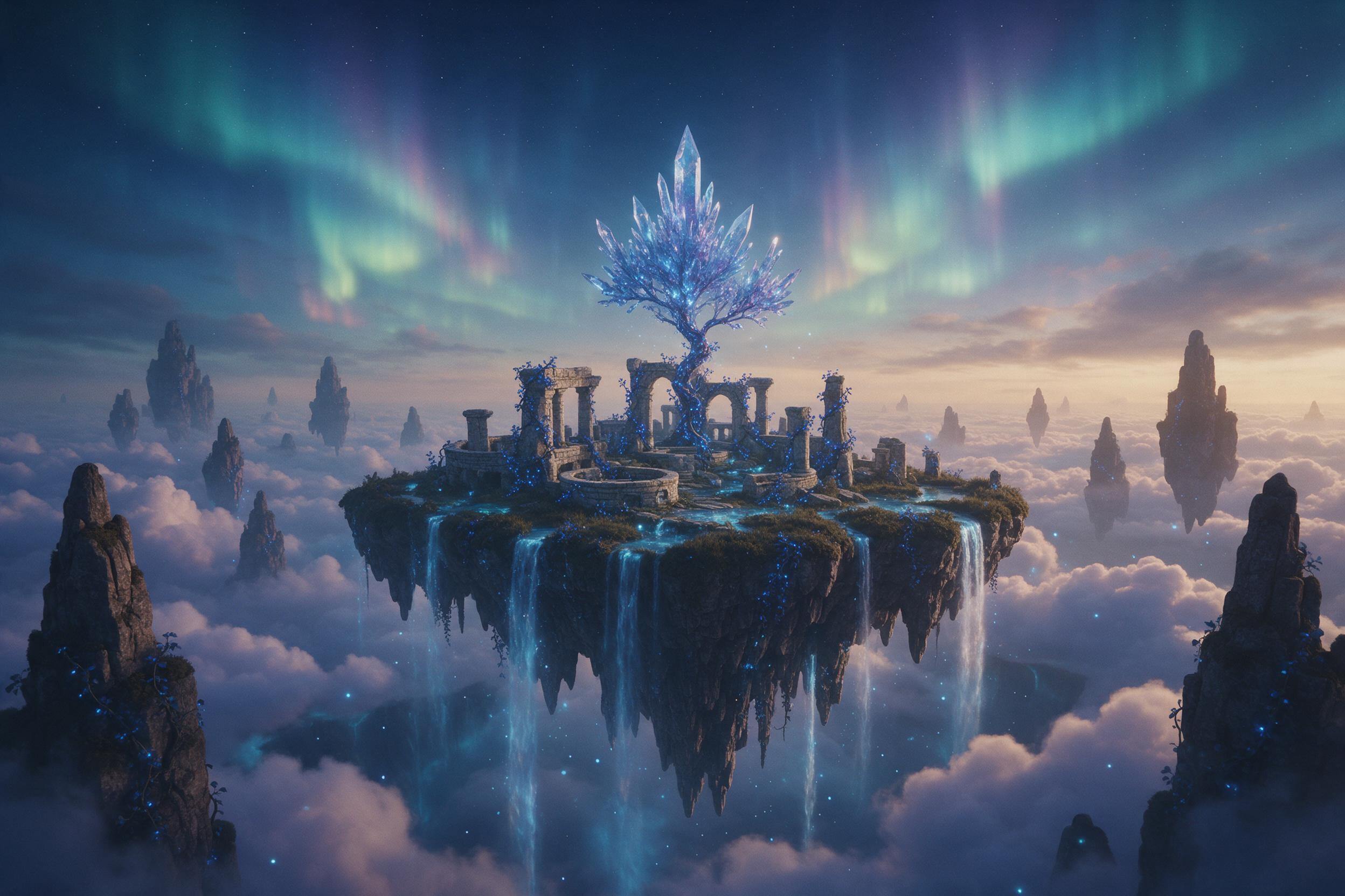 A luminous floating island above twilight clouds, miniature glowing waterfalls cascading into misty void, ancient stone ruins wrapped in blue-glowing vines, a lone crystal tree at center, aurora wash in sky, soft volumetric light, ethereal atmosphere, filmic color grading, gentle motion blur subtle