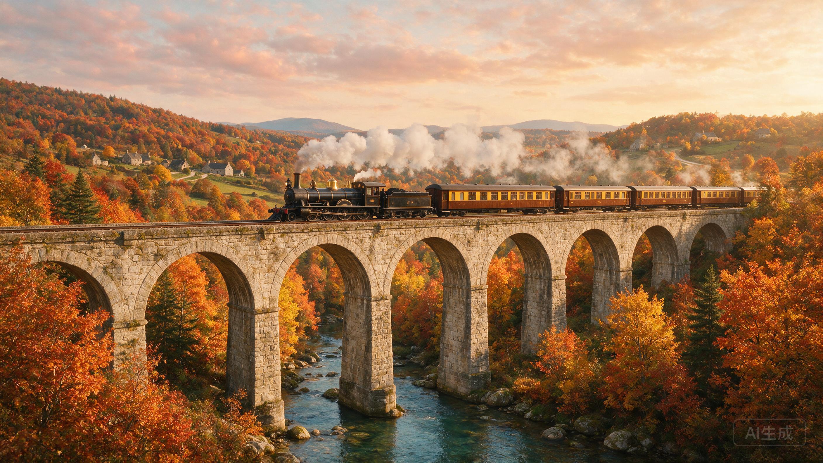 Vintage steam train crossing a scenic viaduct, autumn foliage, rolling hills, nostalgic atmosphere, golden light