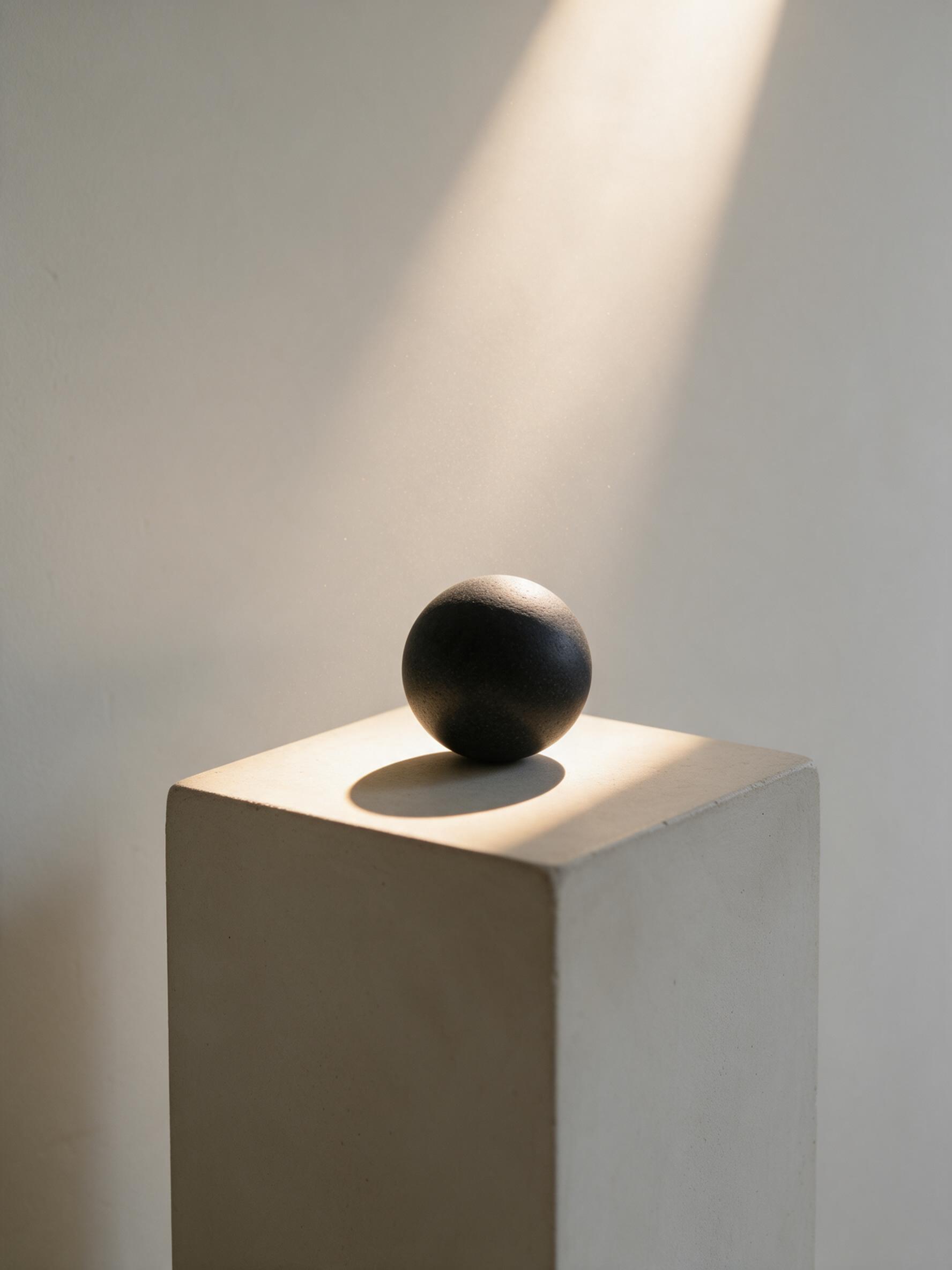 A minimalist abstract composition: a single smooth black basalt sphere rests on a pale concrete pedestal, casting a soft, elongated shadow in warm late-afternoon sunlight. The background is a blank, slightly textured off-white wall. Subtle dust particles float in a visible light beam from a high win