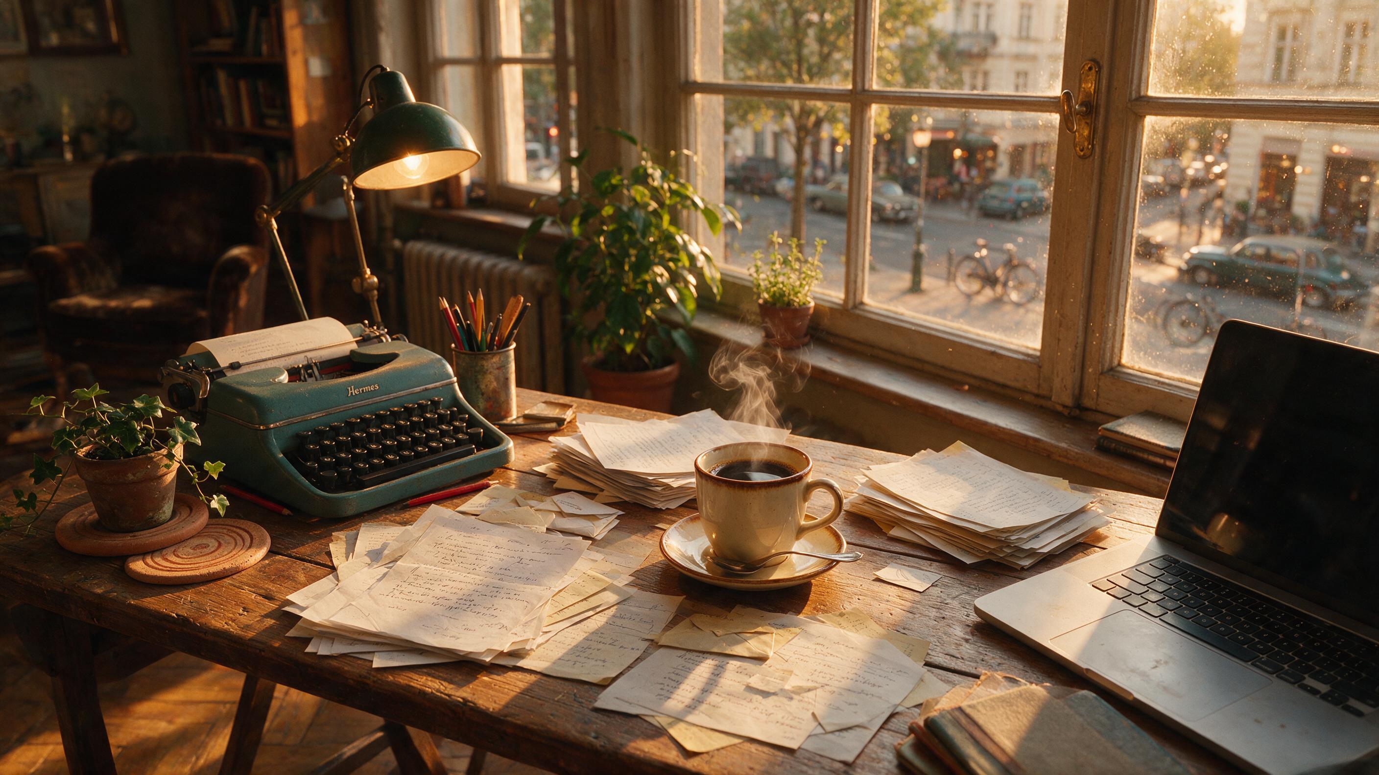 Golden hour light spills through a dusty window into a Berlin apartment, illuminating a cluttered wooden desk with a steaming coffee cup, scattered papers, and a vintage typewriter. Warm amber tones, shallow depth of field, street noise muffled outside.